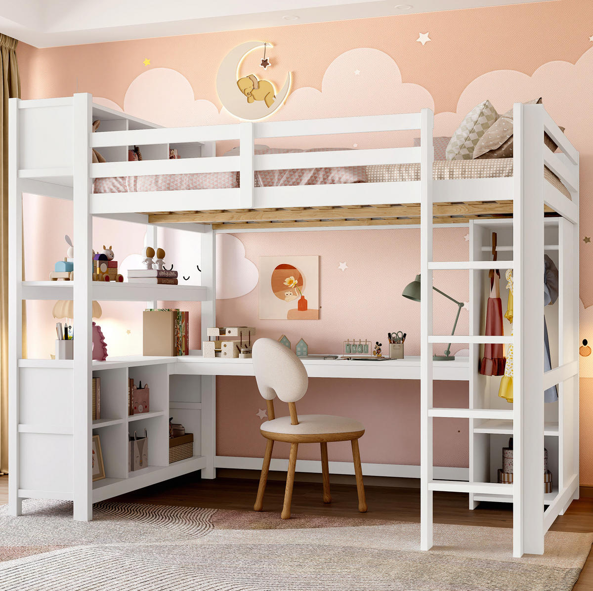 HOCHBETT 140/200 cm aus Kiefernholz und MDF mit Schreibtisch, Regalen und Kleiderschrank Weiß - Weiß, Holz (140/200cm) - Modenvie