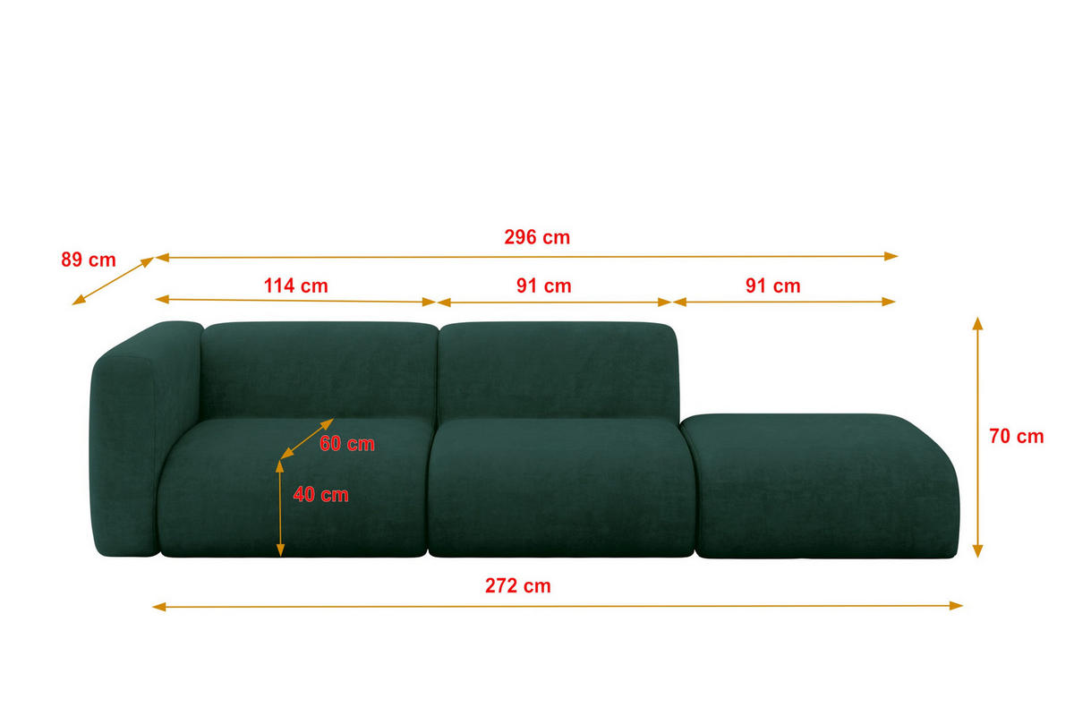 SOFA Ottomane Links MIRA-S3 296x89x70 Grün Velours - Dunkelgrün/Schwarz, Holzwerkstoff/Kunststoff (296/70/89cm) - ALTDECOR