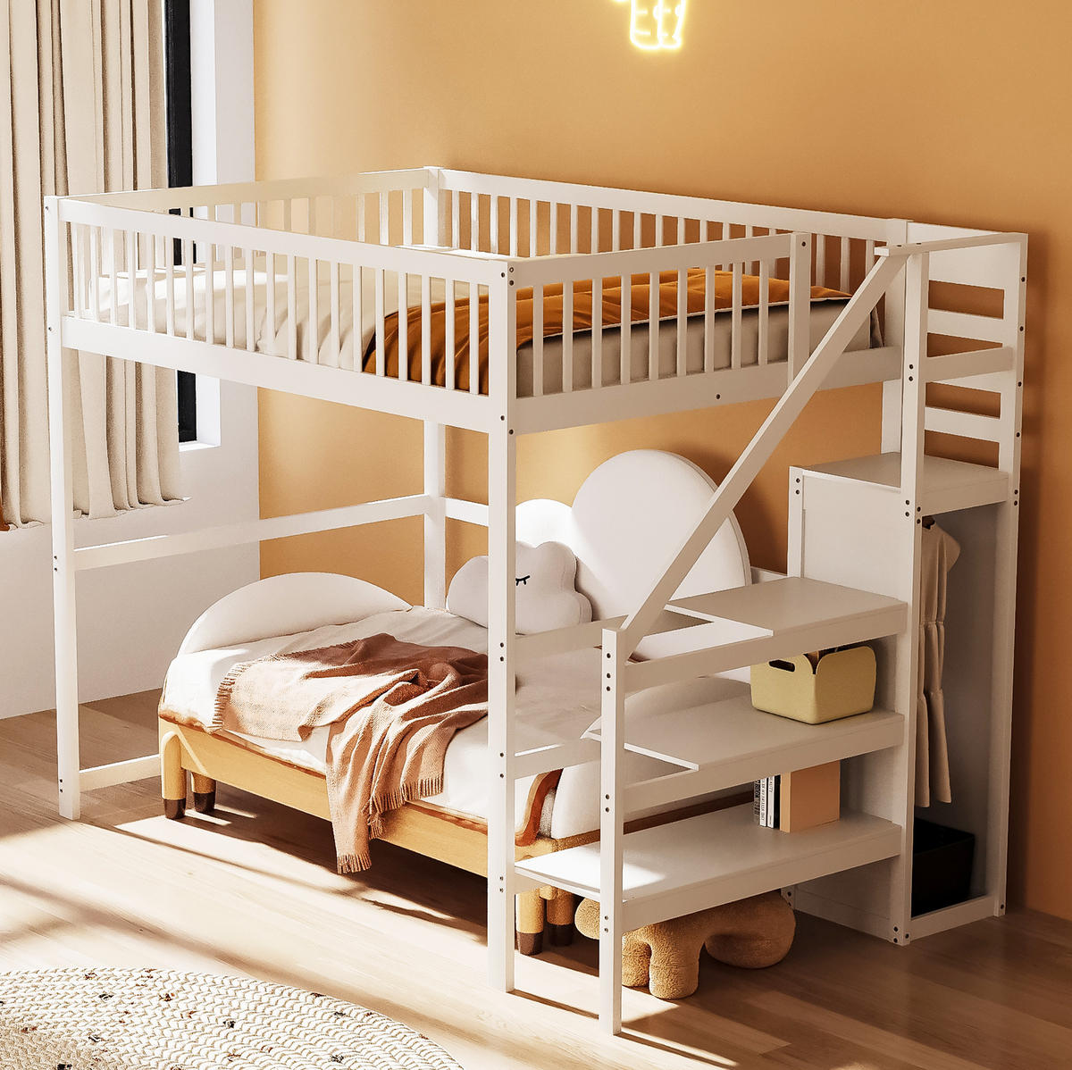 HOCHBETT 140/200 cm Weiß aus Holz mit Treppe und Kleiderschrank - Weiß, Holz (140/200cm) - OKMYHOME