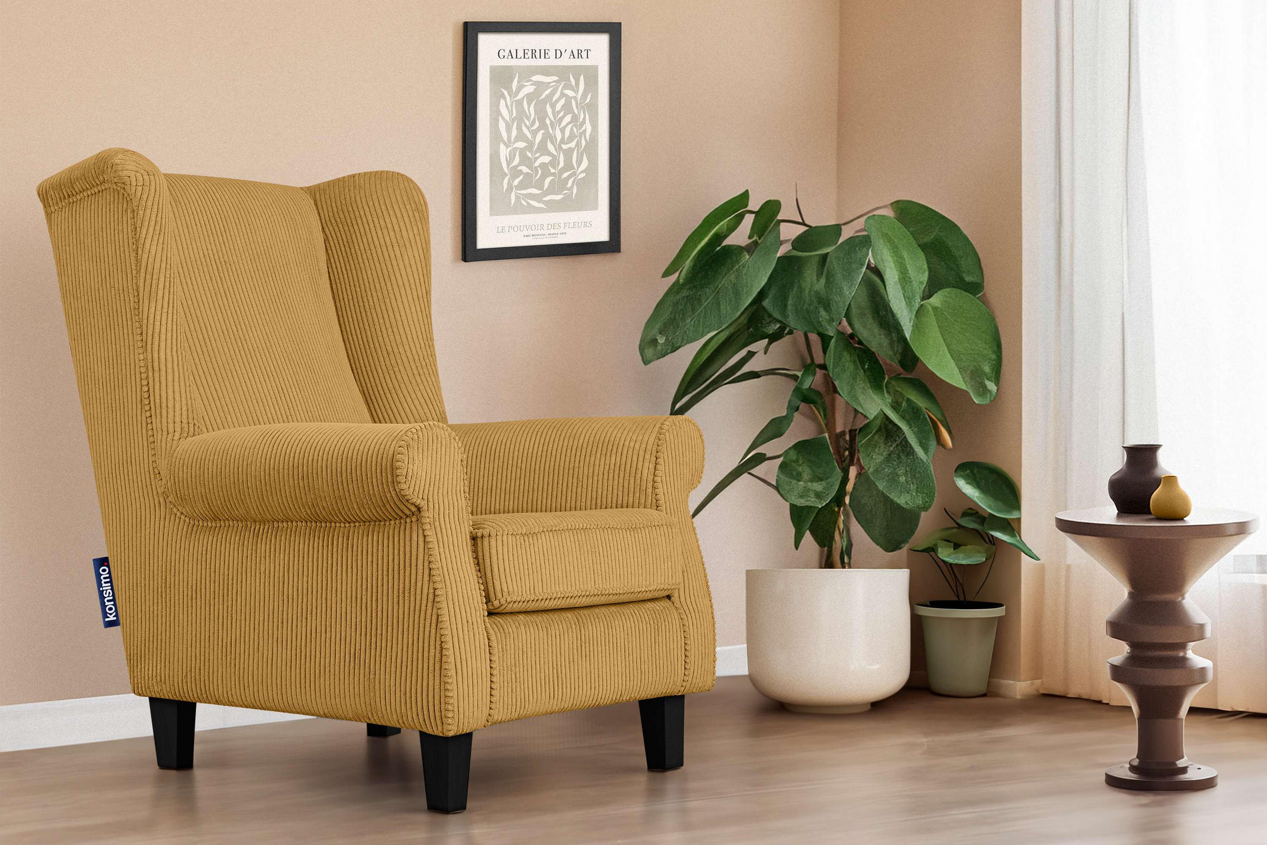 OHRENSESSEL MILES Kord-Bezug Petfriendly, gelb - Gelb, Holzwerkstoff/Buchenholz (82/105/97cm) - KONSIMO®