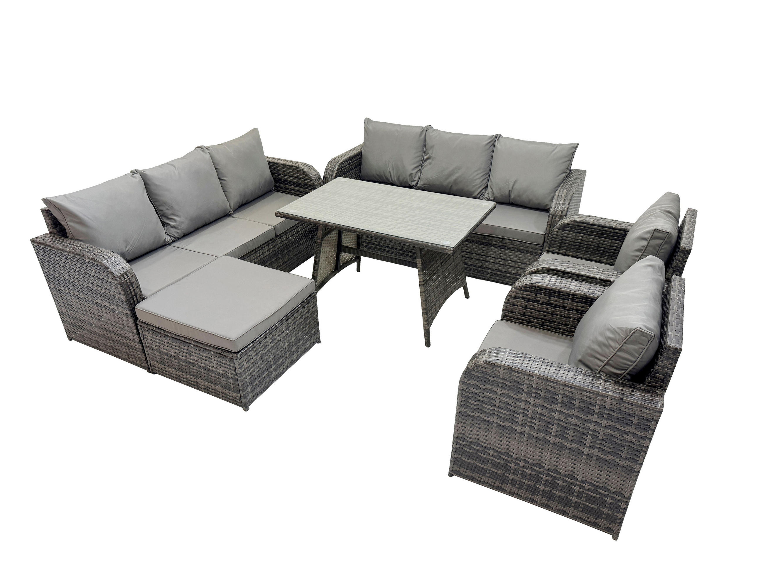 GARTENSET Hohe Rückenlehne Polyrattan 9-Sitzer - Dunkelgrau/Grau, Glas/Kunststoff - Fimous