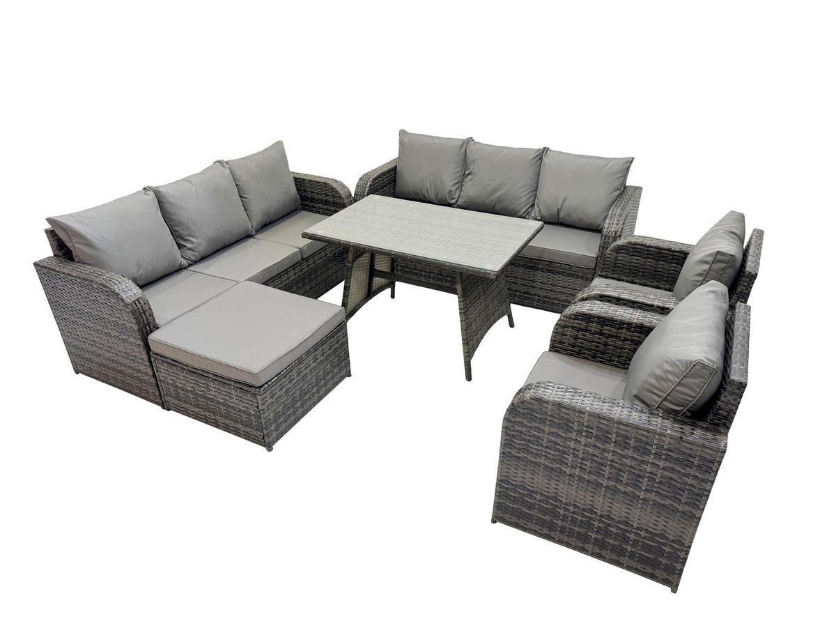 GARTENSET Hohe Rückenlehne Polyrattan 9-Sitzer - Dunkelgrau/Grau, Glas/Kunststoff - Fimous