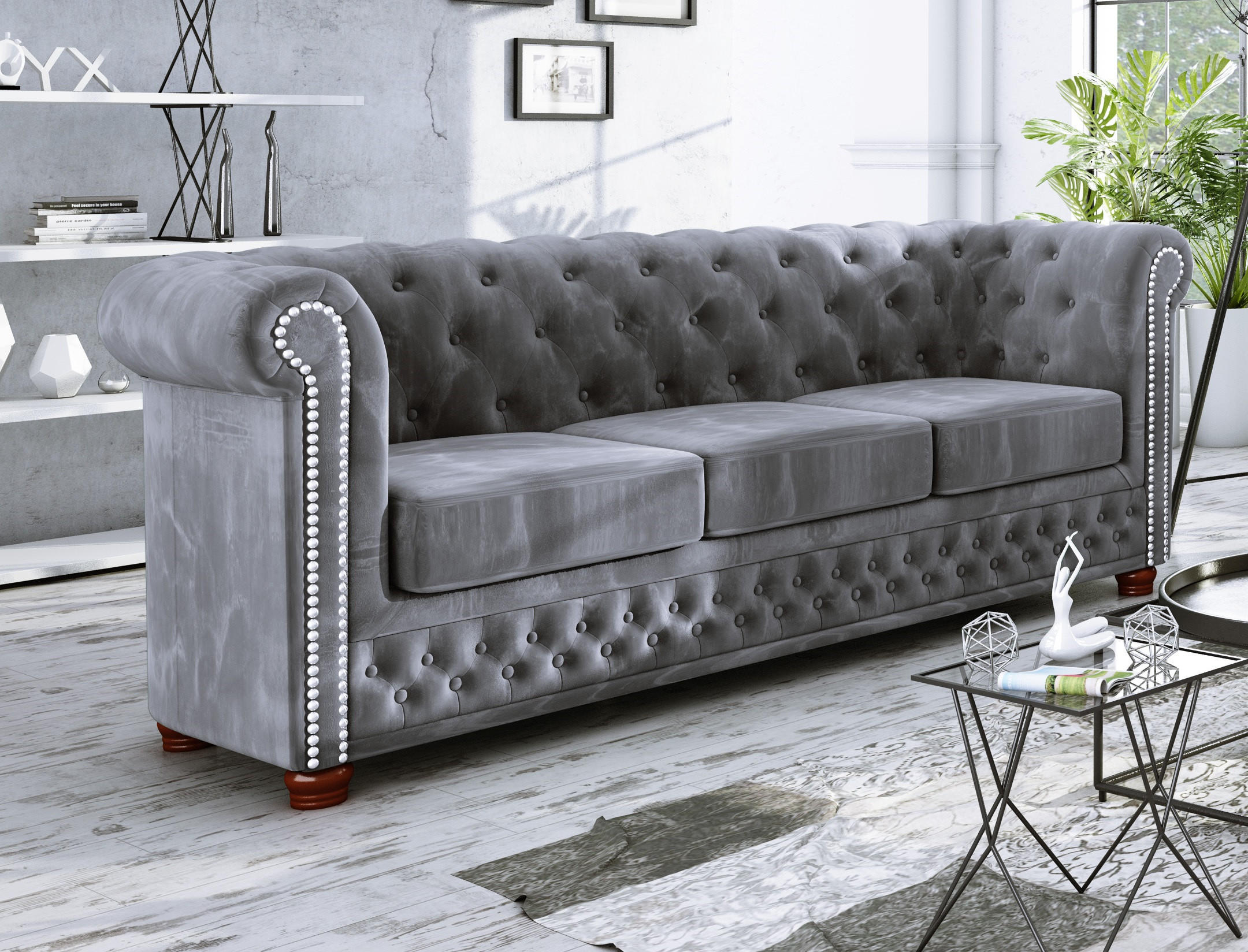 CHESTERFIELD-SOFA 3-sitzer Lauren Grau Samt - Braun/Grau, Holz/Textil (203/72/86cm) - S-Style Möbel