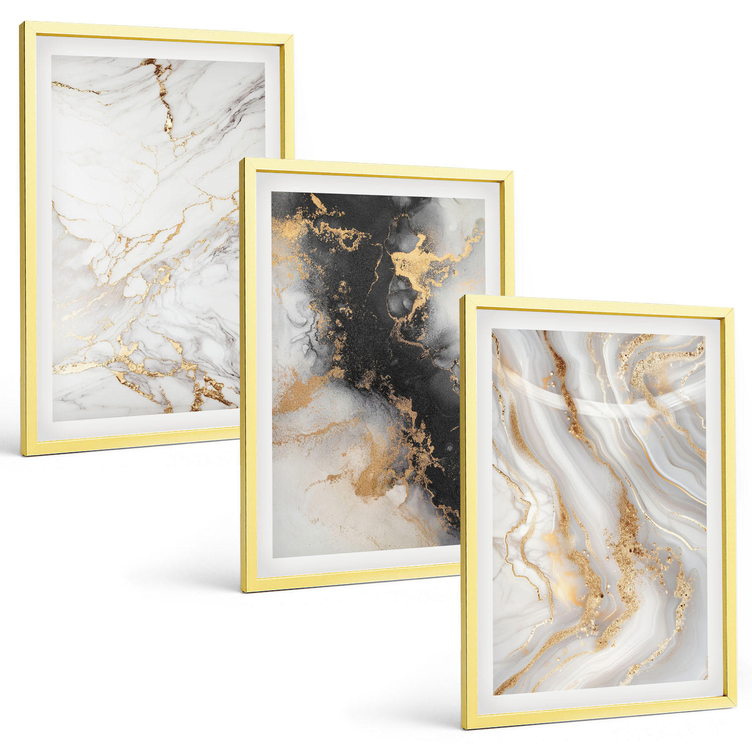 BILDER SET 3er Set - 40x60 cm Goldrahmen - Abstrakte weiß-schwarze Muster - Goldfarben, Kunststoff (40/60cm) - TULUP