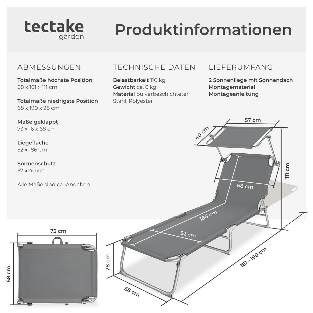 GARTENLIEGE 2er Set, 190 x 68 x 28 cm,grau - Grau, Kunststoff (68/28/190cm) - tectake