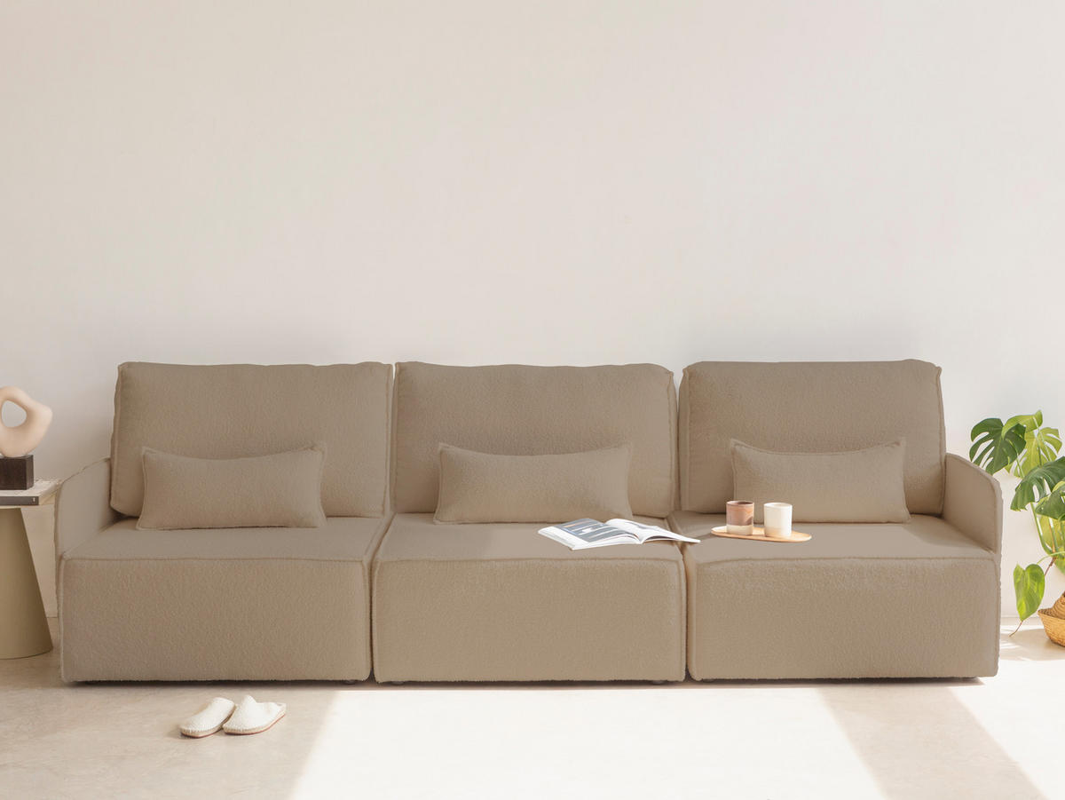 3-SITZER-SOFA Chaiselongue bezogen Bouclé und Kiefernholz Stein LEA - Braun, Textil (278/87/90cm) - RNT By Really Nice Things
