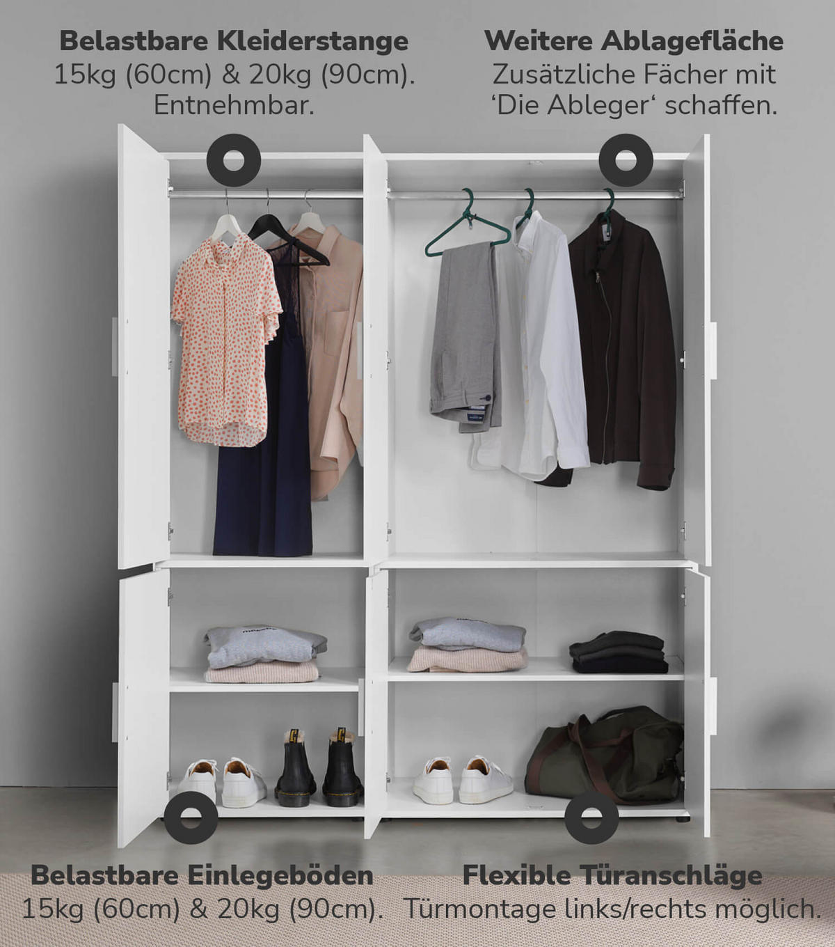KLEIDERSCHRANK Der Grenzenlose - Weiß, Holzwerkstoff (150/187/58cm) - Mokebo