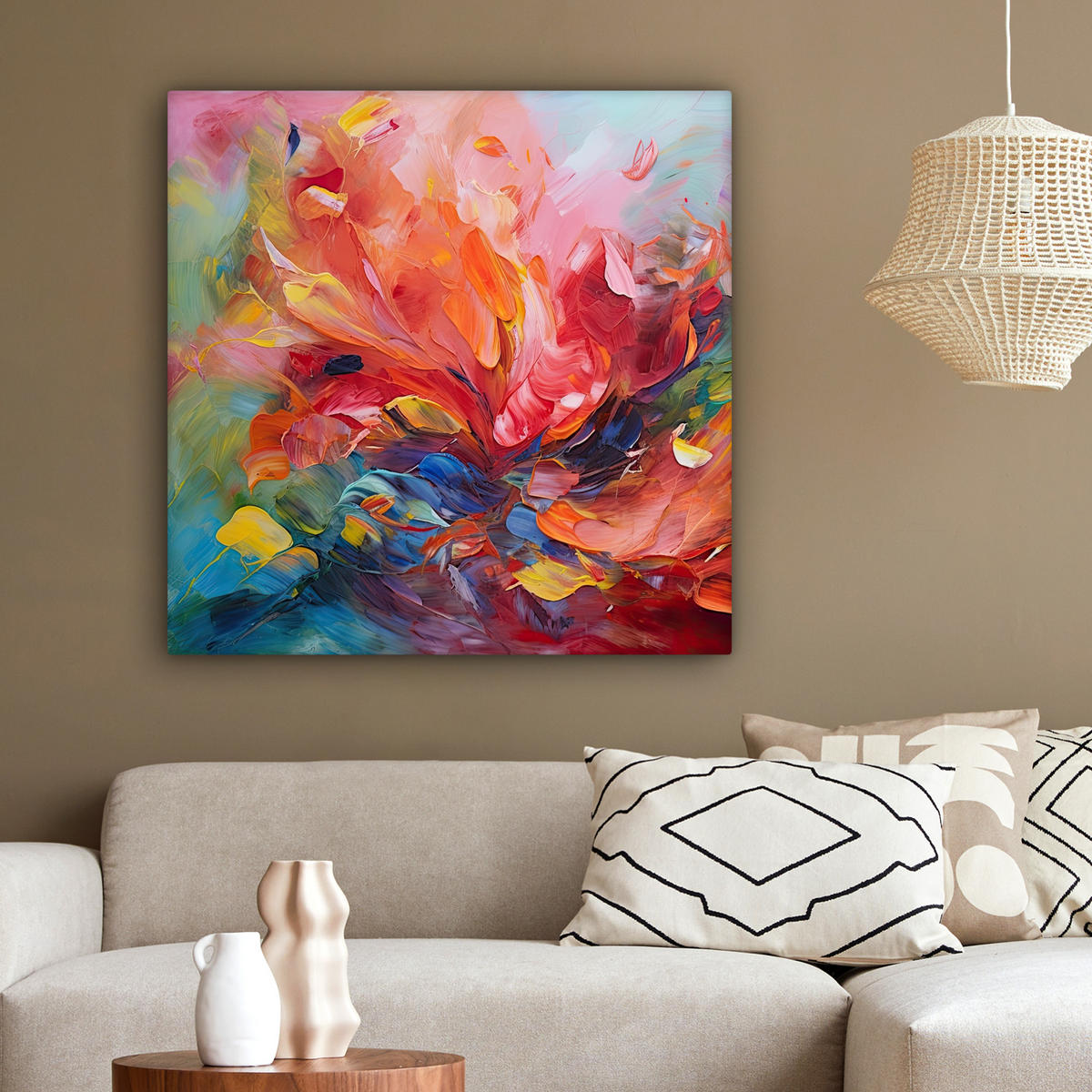 LEINWANDBILD Ölgemälde - Kunst - Abstrakt - Farbenfroh 90x90 cm - Altrosa, Textil (90/90cm) - MuchoWow