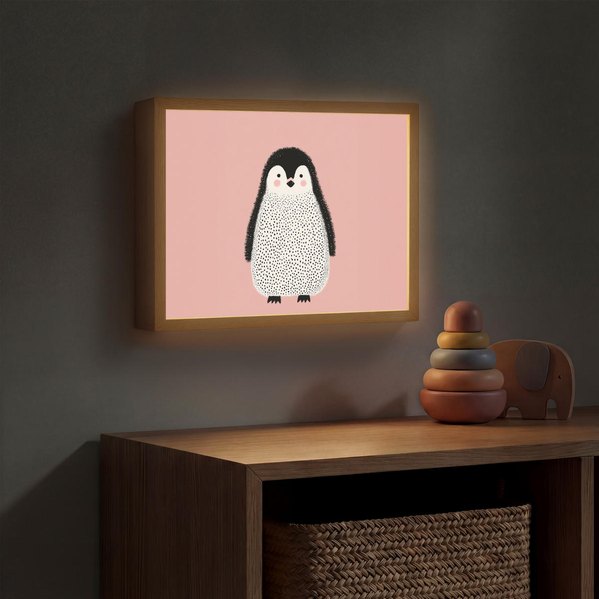 DOBÍJECÍ NOČNÍ LAMPIČKA Tučňák - Tečky - Minimalistický - Růžový 40x30 cm - růžová, kompozitní dřevo (8/40/30cm) - OnlyWow
