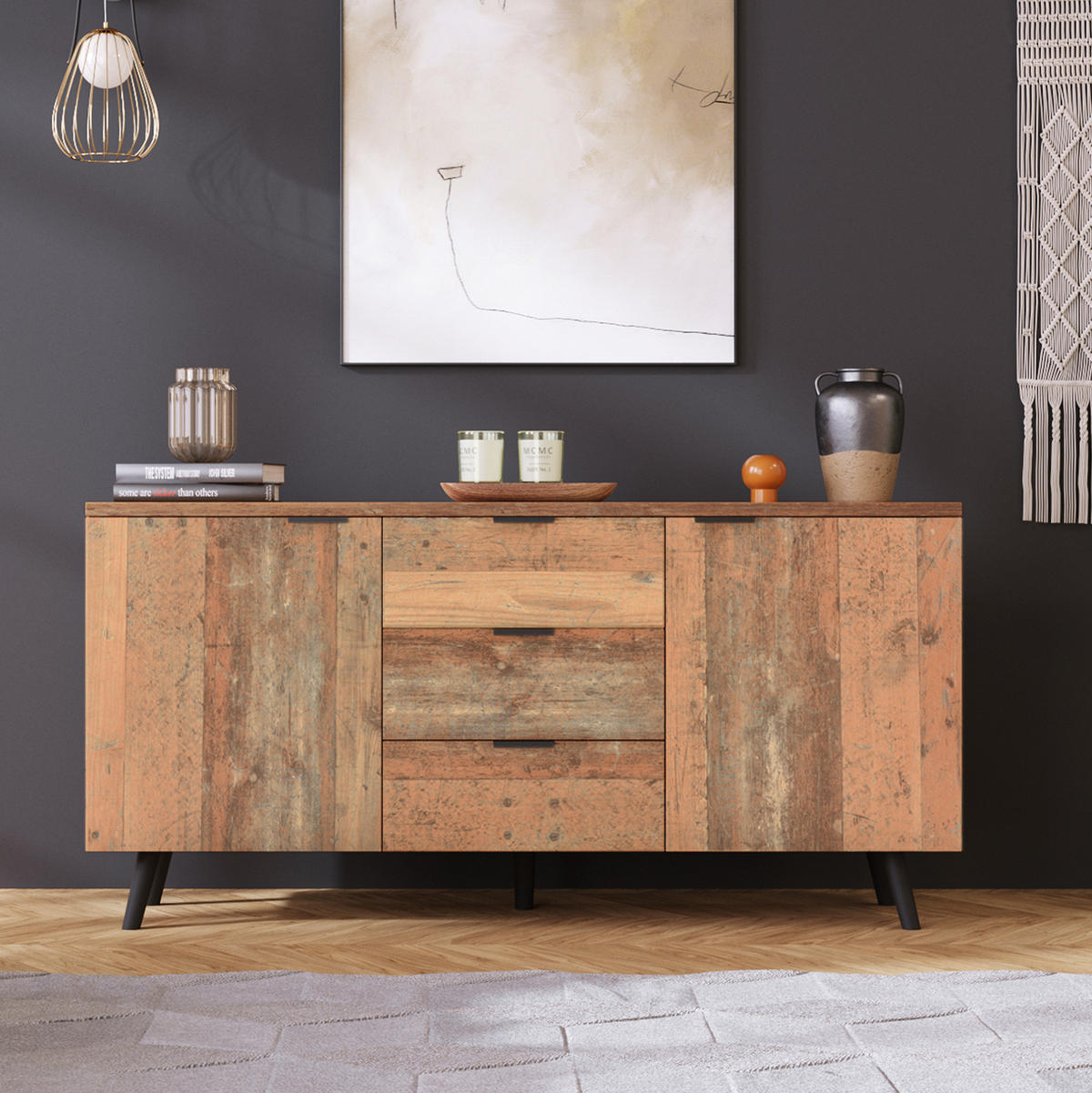 SIDEBOARD 140/35/70 cm in Antikbraun mit 3 Schubladen und verstellbaren Einlegeböden - Dunkelbraun, Holzwerkstoff (140/70/35cm) - Flora Grace