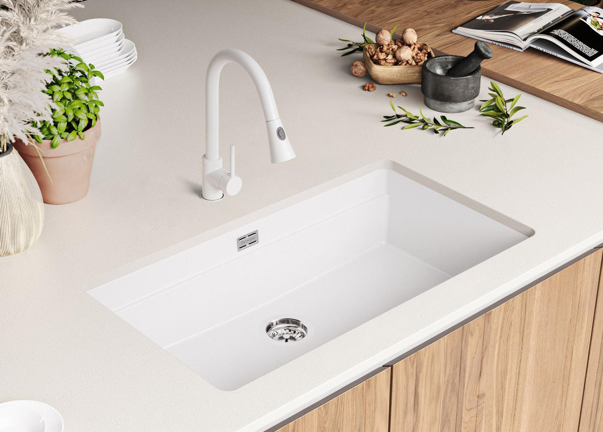UNTERBAUSPÜLE GRANIT Praga, 2-er set Weiß 86/47 cm 1 Becken + Ablauf-Set + Aufrollbare Abtropffläche ab 90er Unterschrank - Chromfarben/Weiß, Kunststoff (86/20/47cm) - Primagran