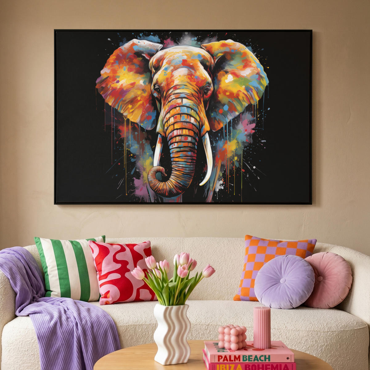 LEINWAND Bilder mit Rahmen - Elefant - Graffiti - Schwarz - Tiere - Farben - 140x90 - Schwarz, Textil (140/90cm) - MuchoWow