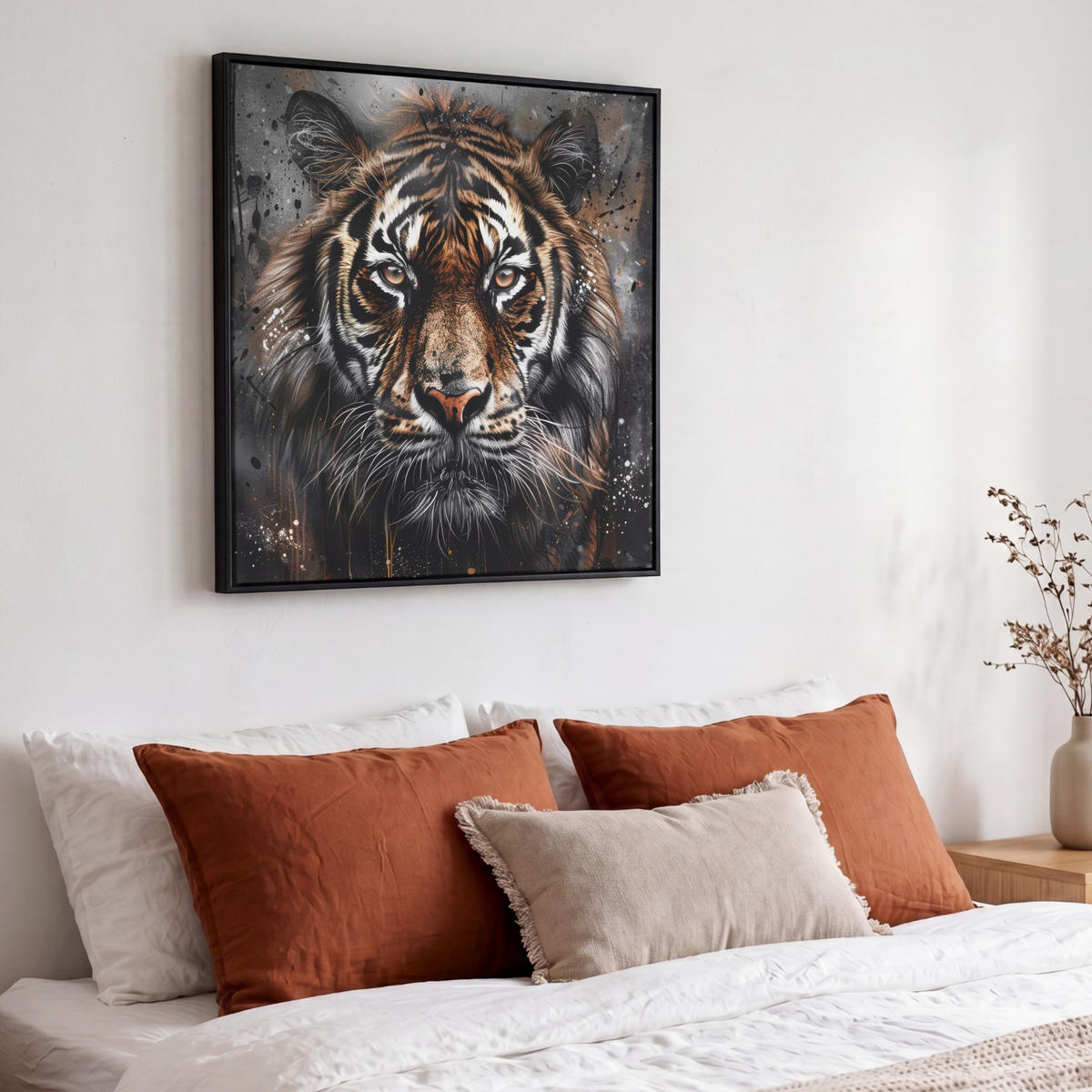 LEINWAND Bilder mit Rahmen - Tiger - Tiere - Porträt - Luxus - Schwarz - 50x50 - Braun, Textil (50/50cm) - MuchoWow