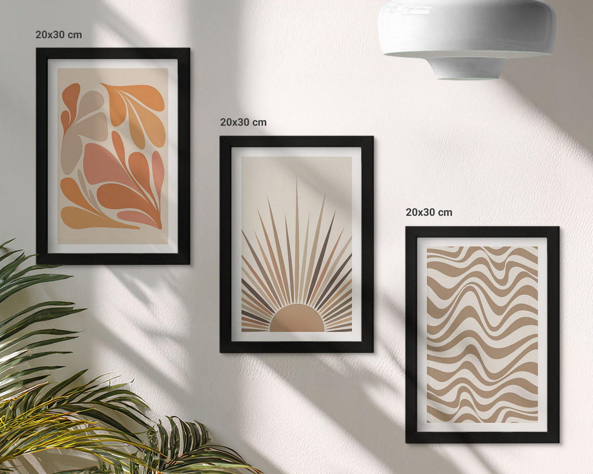 WANDBILDER 3er-Set - 20x30 cm Schwarzer Rahmen - Sonnen-Boho-Pastelltönen - Schwarz, Kunststoff (20/30cm) - ArtPrintCave