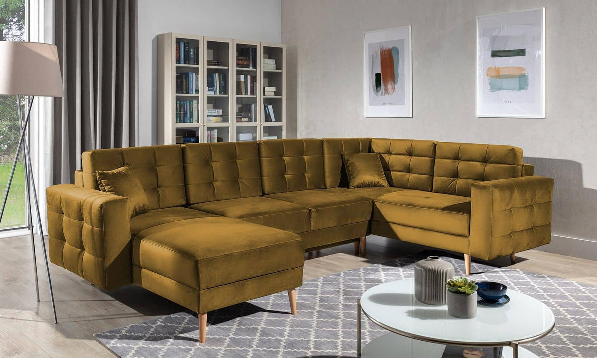 WOHNLANDSCHAFT mit Schlaffunktion, beidseitig montierbar - Gelb/Pinienfarben, Holz/Textil (326/92/202cm) - Eltap