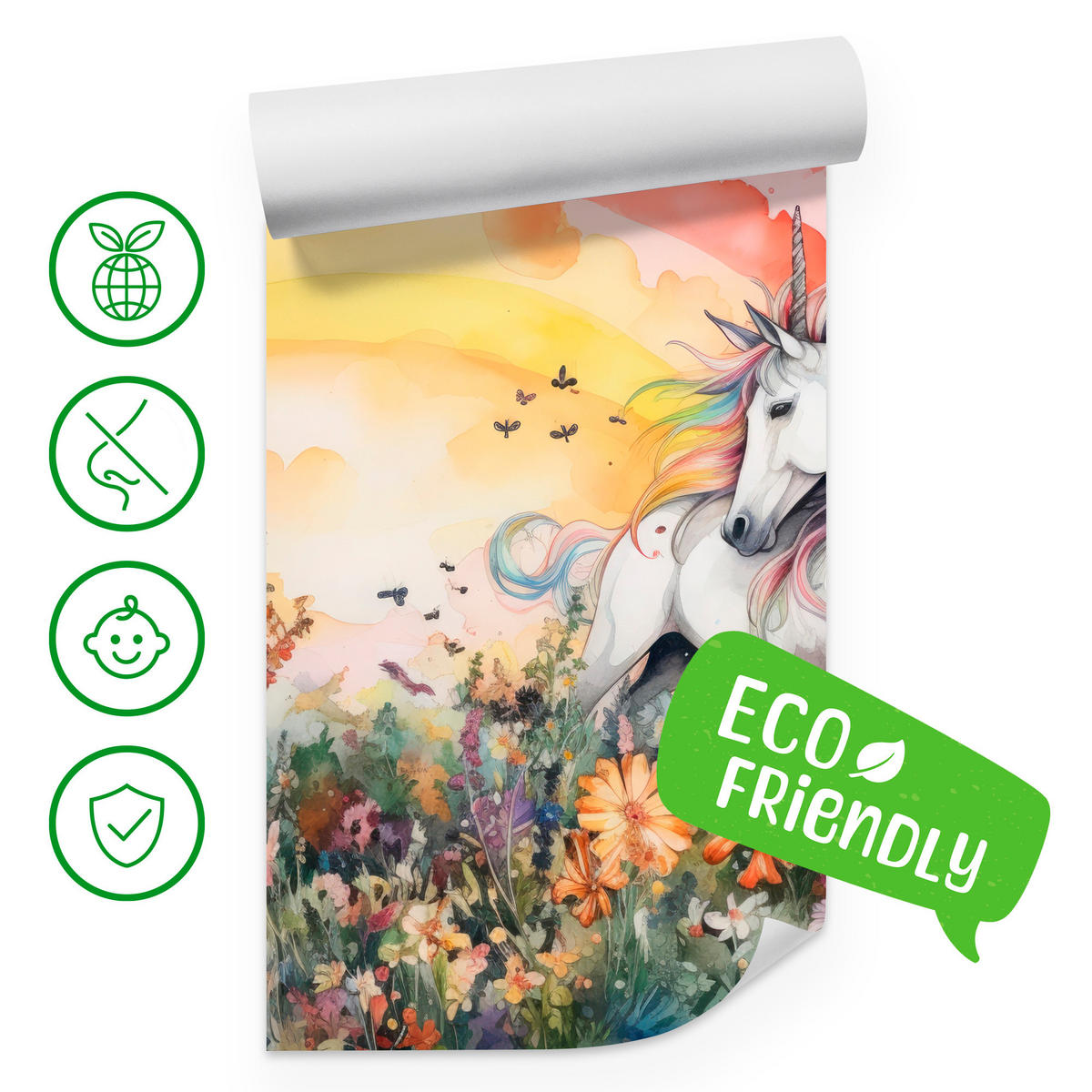 FOTOTAPETE für Kinderzimmer Einhorn Blumen Wiese Regenbogen Magisch Rosa 350x256 - Gelb/Rot, Papier (350/256cm) - Muralo