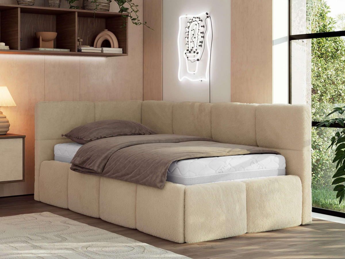 JUGENDBETT ARVO 90/200 - Beige Plüsch - Multipocket-Matratze - Links Seite - Beige, Textil (90/200cm) - MKS