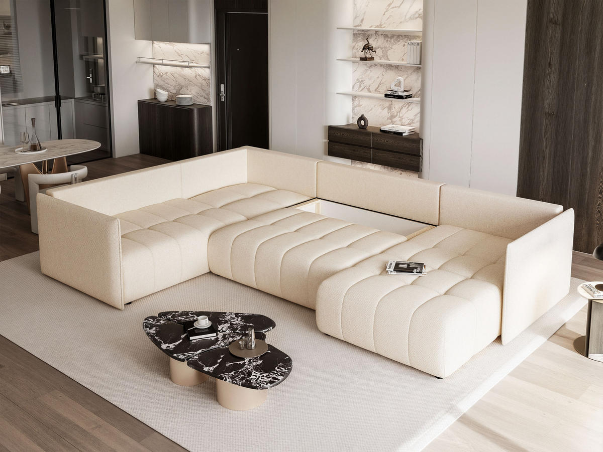 WOHNLANDSCHAFT LORISSE mit Schlaffunktion und Bettkasten Creme - Creme, Holzwerkstoff/Kunststoff (300/85/90cm) - Idohome