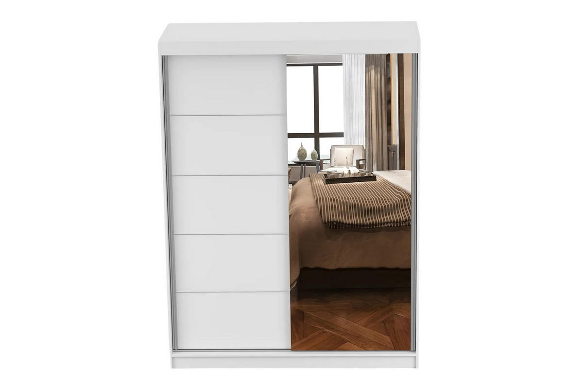 SCHWEBETÜRENSCHRANK VELMA 05 150/200 in Weiß mit Spiegel und LED - Weiß, Holzwerkstoff (150/61/200cm) - Deine Möbel 24