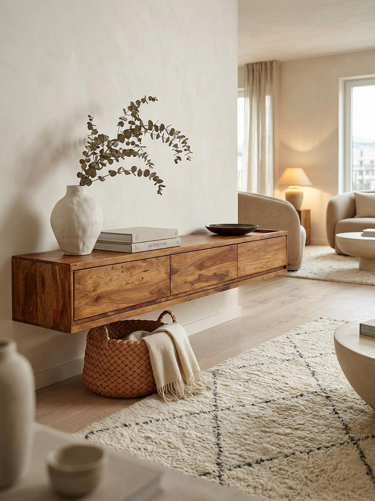 LOWBOARD Massivholz Modern Stil Hängend für 65-Zoll Fernseher mit 3 Schubladen - Braun, Holz (160/25/35cm) - KADIMA DESIGN