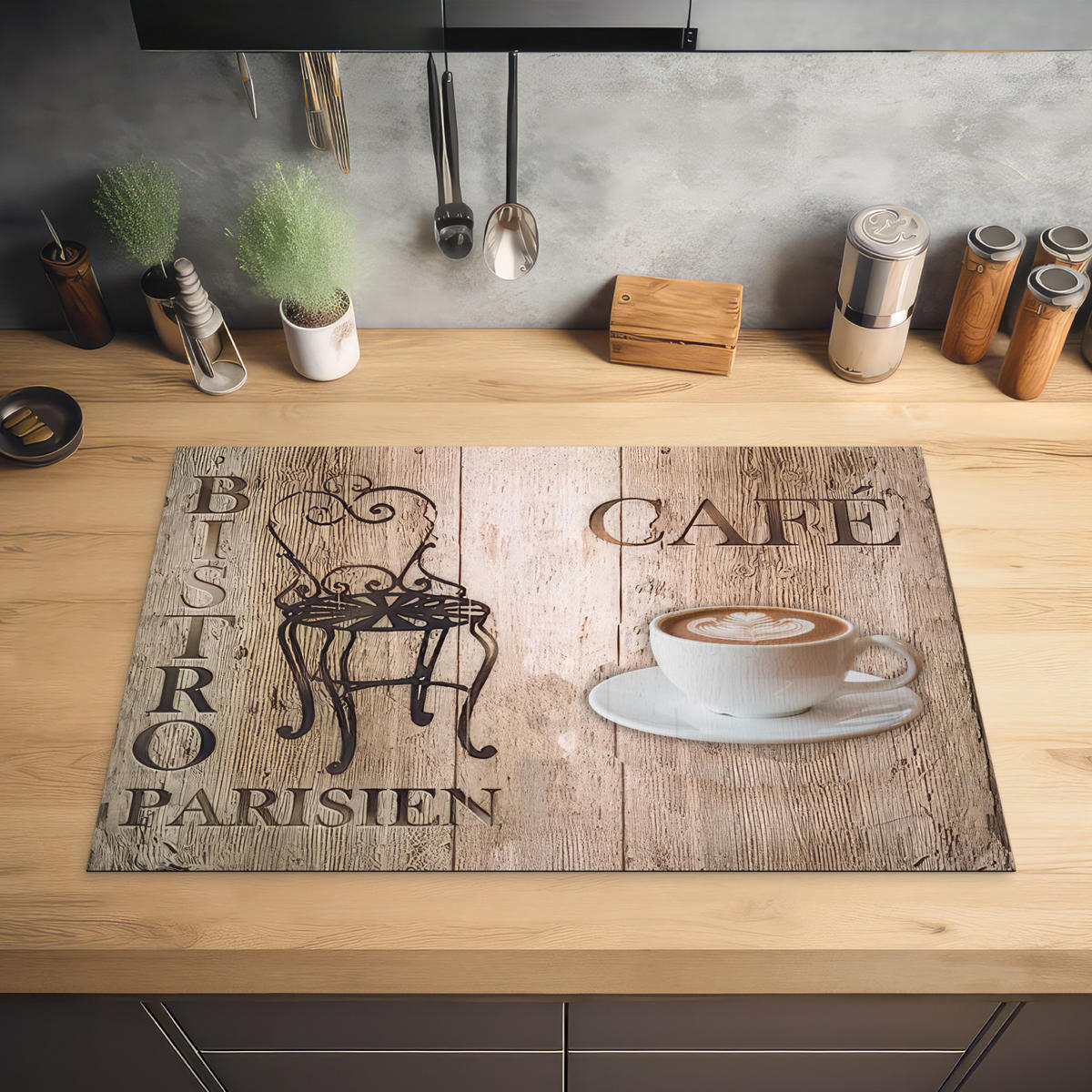HERDABDECKPLATTE Bistro Parisien - Café - Kaffee - Jahrgang 80x52 cm - Cappuccino, Kunststoff (80.2/0.2/52.2cm) - MuchoWow