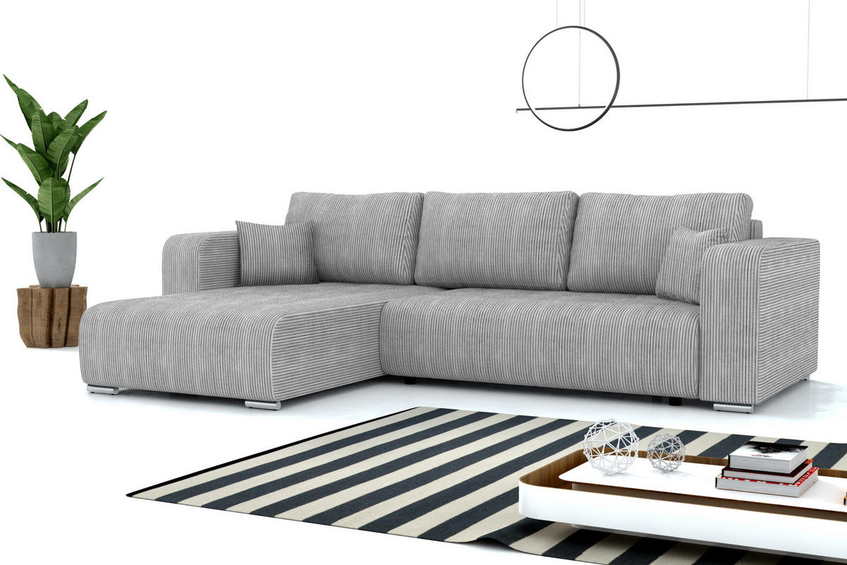 ECKSOFA CARACAS 288/185 in Cord Hellgrau mit Schlaffunktion links - Hellgrau, Holz/Holzwerkstoff (288/185cm) - Deine Möbel 24