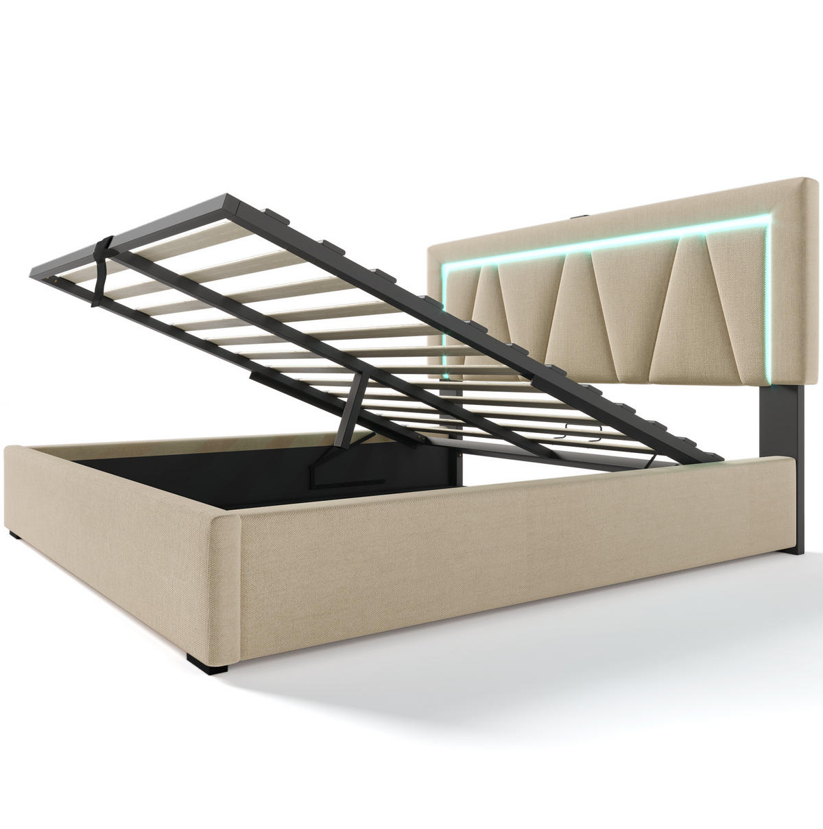 POLSTERBETT 140/200 cm Beige mit höhenverstellbarem Kopfteil und LED-Beleuchtung - Beige, Textil (140/200cm) - OKWISH