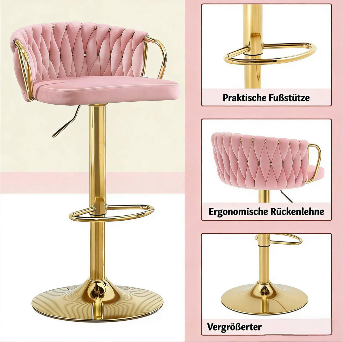 BARHOCKER drehbar höhenverstellbar Samt Pink - Pink, Metall (49.5/98/50.5cm) - Meubliv