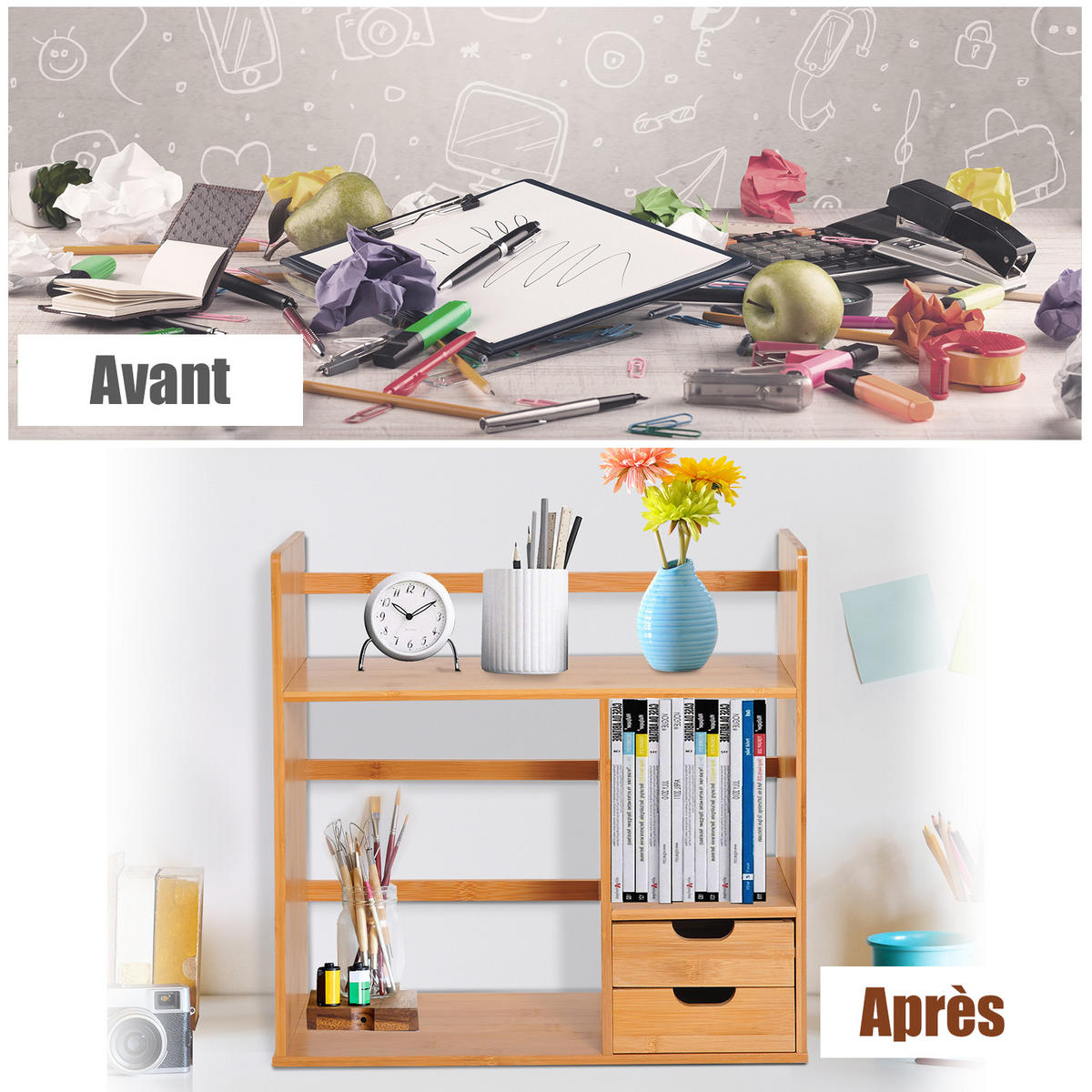 REGAL DE-16658 3 Ebenen, 2 Schubladen Bambus Natur - Braun, Holzwerkstoff (20/46/48cm) - ComfortXL