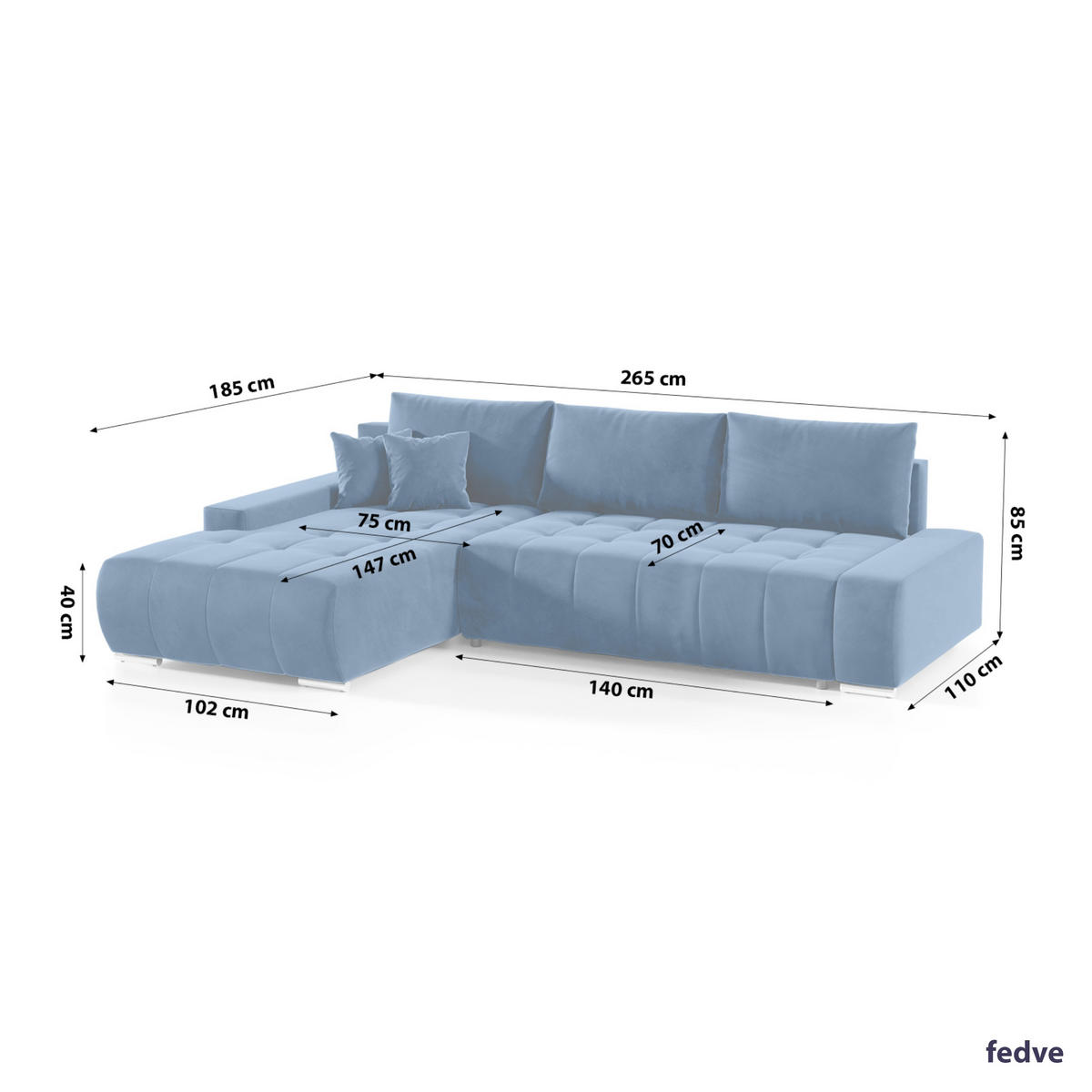 ECKSOFA mit Schlaffunktion Dhaka L, Dunkelblau - Blau, Textil (185/265cm) - Fedve