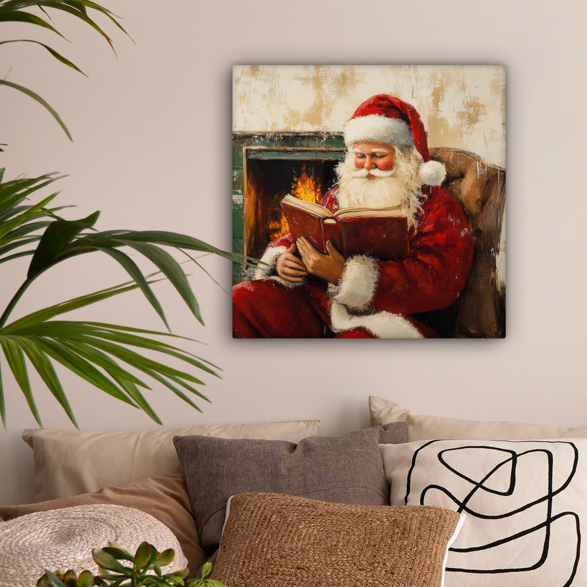 LEINWANDBILD Weihnachten - Weihnachtsmann - Winter - Open Fireside 50x50 cm - Dunkelrot, Textil (50/50cm) - MuchoWow