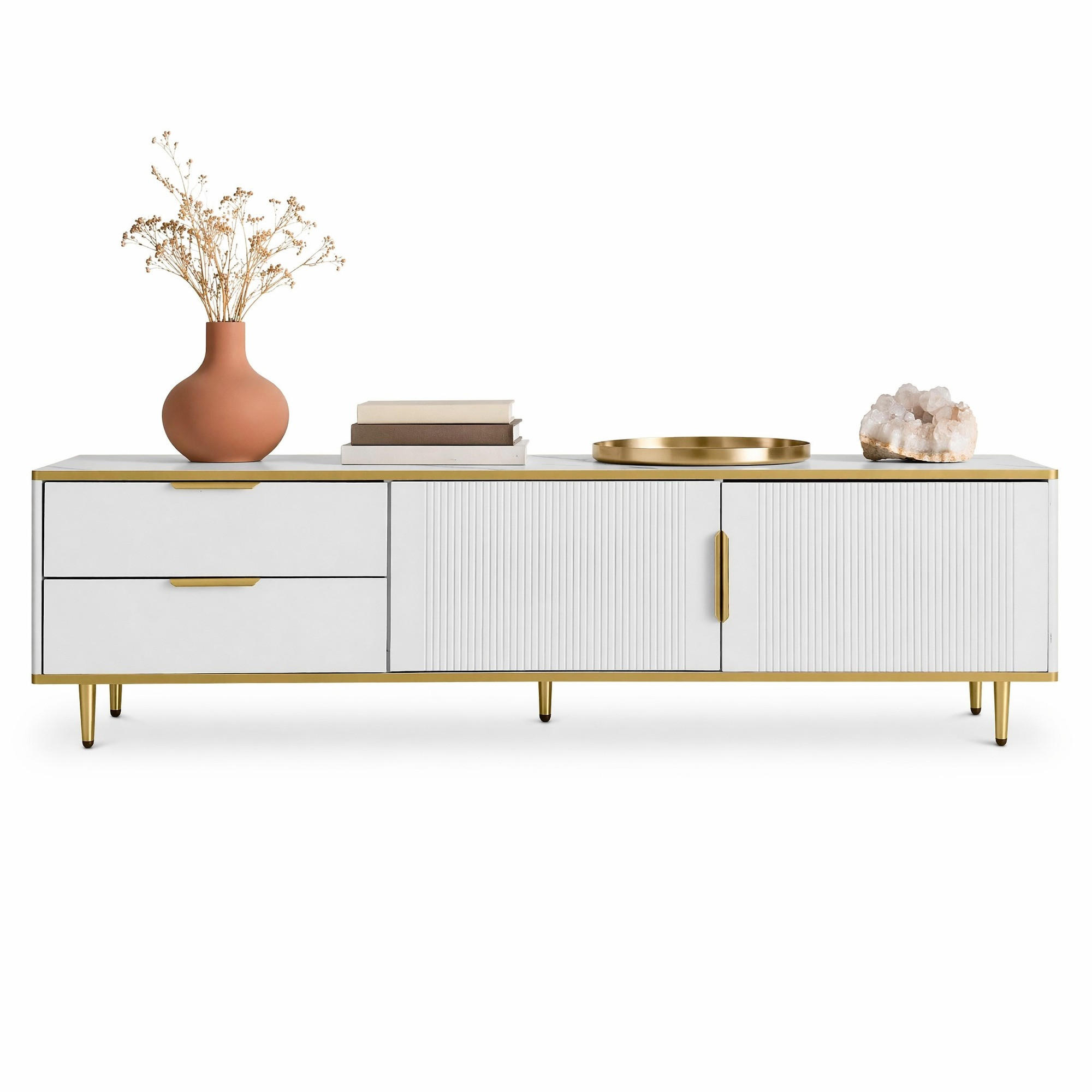 LOWBOARD in Weiß TV Schrank mit geschnitzter Textur,goldenen Griffen und Füßen,Marmoroptik für Wohnzimmer,B170/T37/H45cm - Goldfarben/Weiß, Holzwerkstoff/Metall (175/45/40cm) - STILVORA