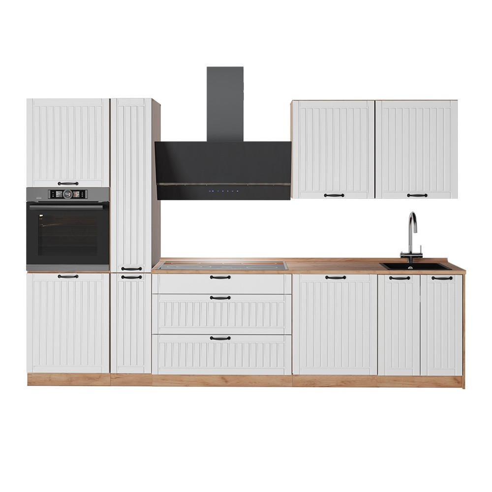 KÜCHENZEILE Fame-Line, Weiß Landhaus/Goldkraft Eiche, 310 cm, AP Eiche - Honigeiche/Weiß, Holzwerkstoff (310/206.8/60cm) - Vicco