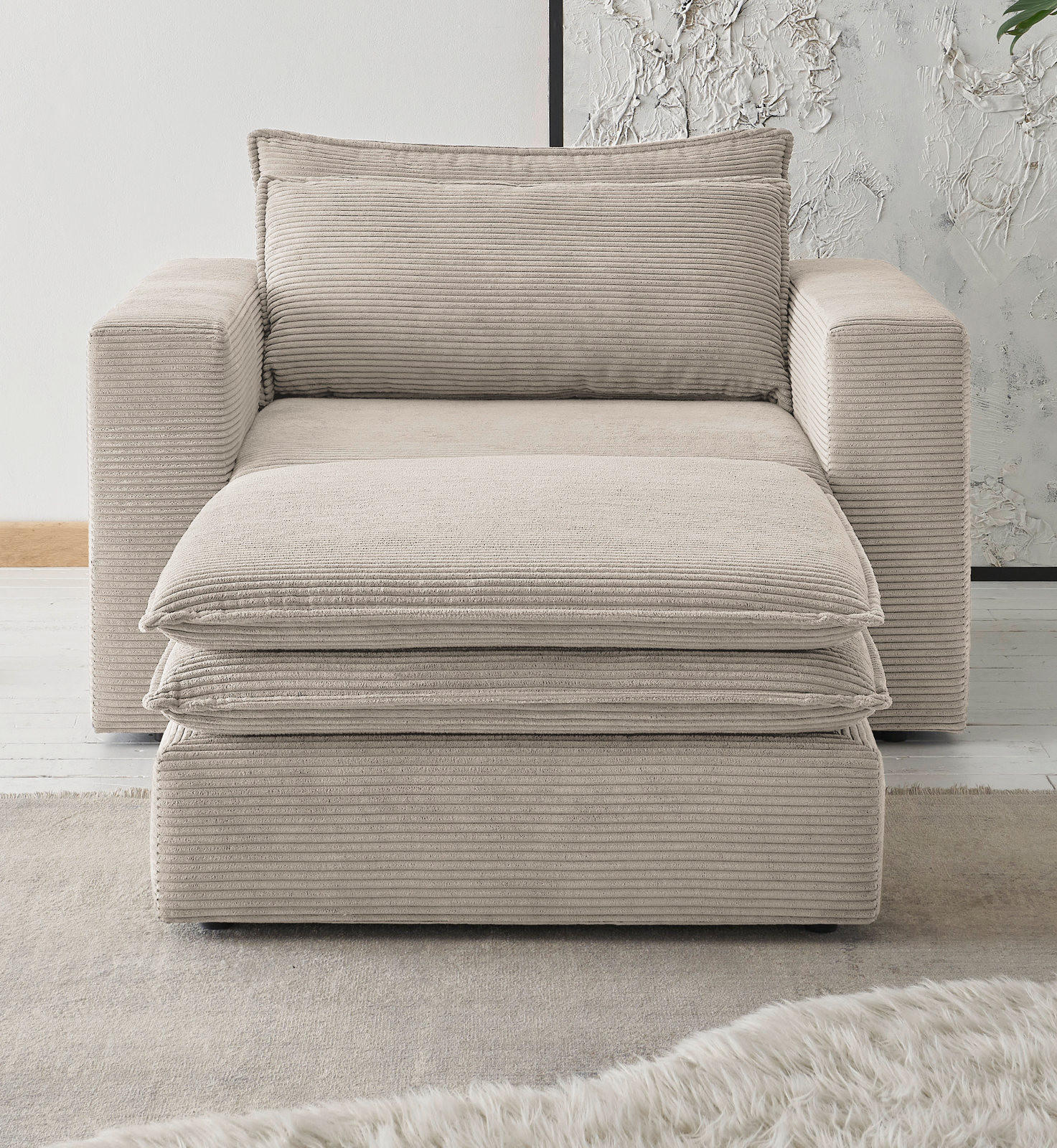 LOVESEAT Set beige Cord, Loungesessel inklusive Hocker - Beige, Holz/Kunststoff (176/83/125cm) - Furn.Design