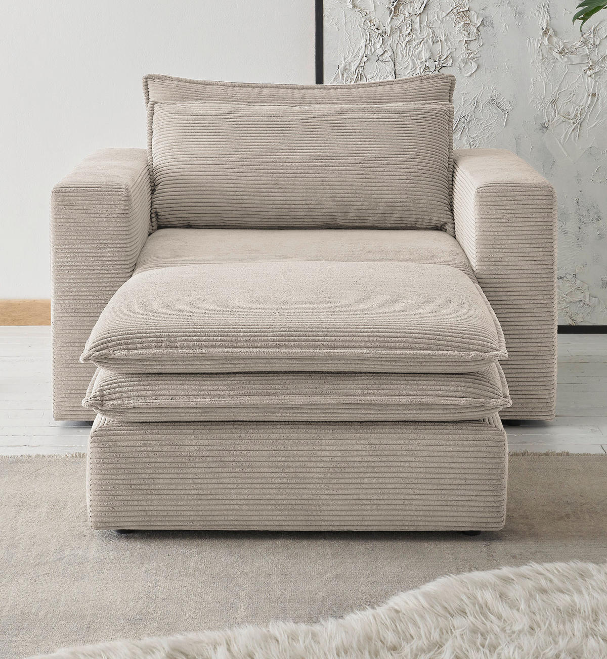 LOVESEAT Set beige Cord, Loungesessel inklusive Hocker - Beige, Holz/Kunststoff (176/83/125cm) - Furn.Design