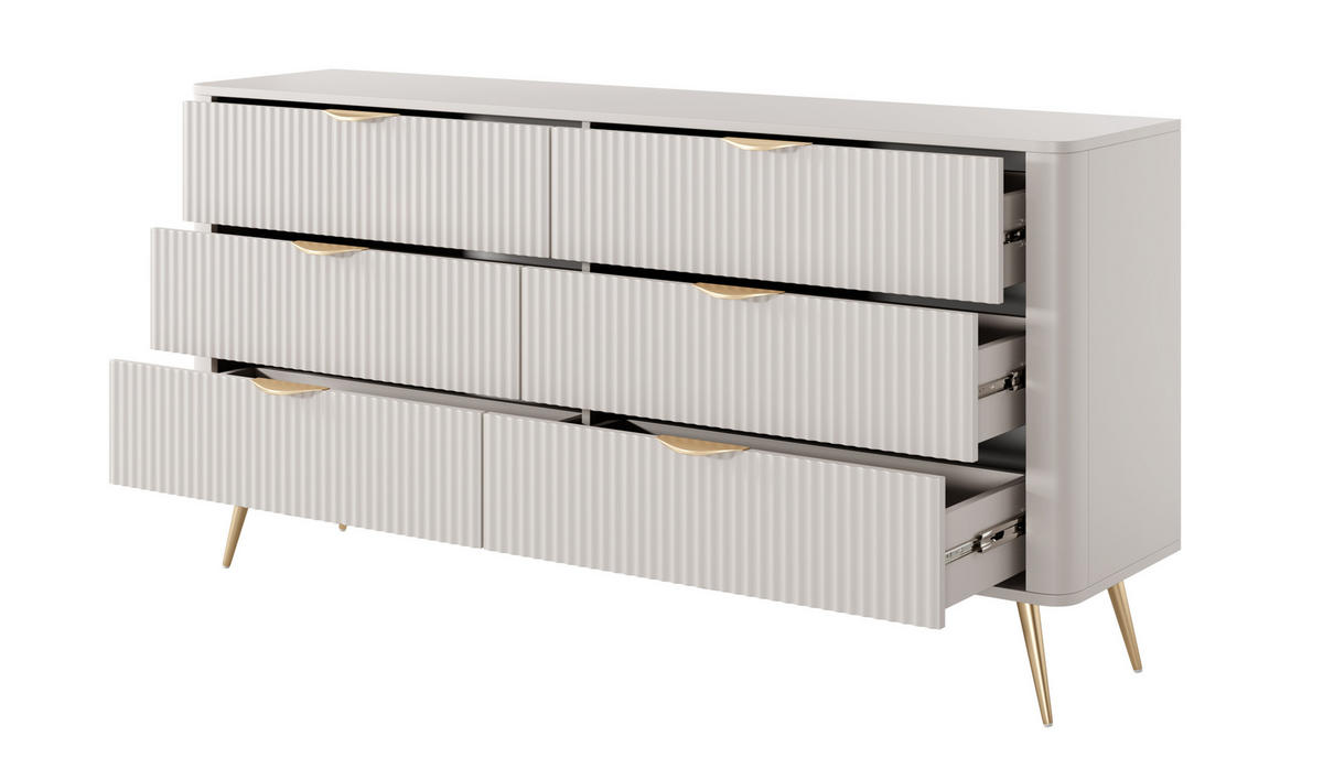 SIDEBOARD Vespasia 6S Beige 163,2/81,2/38 cm – Geriffelten Fronten - Beige/Goldfarben, Holzwerkstoff/Metall (163/81.2/38cm) - AX Living