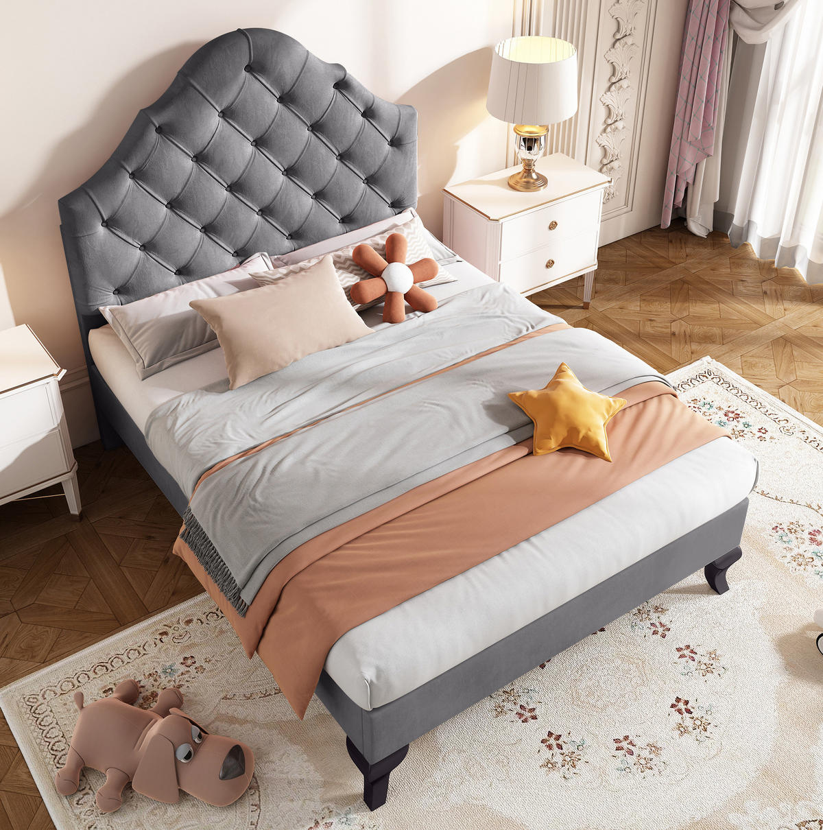 POLSTERBETT 90/200 cm grau mit höhenverstellbarem Kopfteil und Lattenrost - Grau, Textil (90/200cm) - OKWISH
