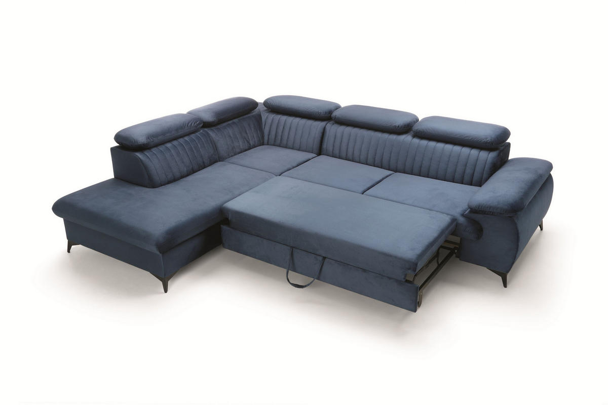 ECKSOFA FIORE Blau Velours-Stoff mit Schlaffunktion - Blau, Holz (280/193cm) - MASSENO