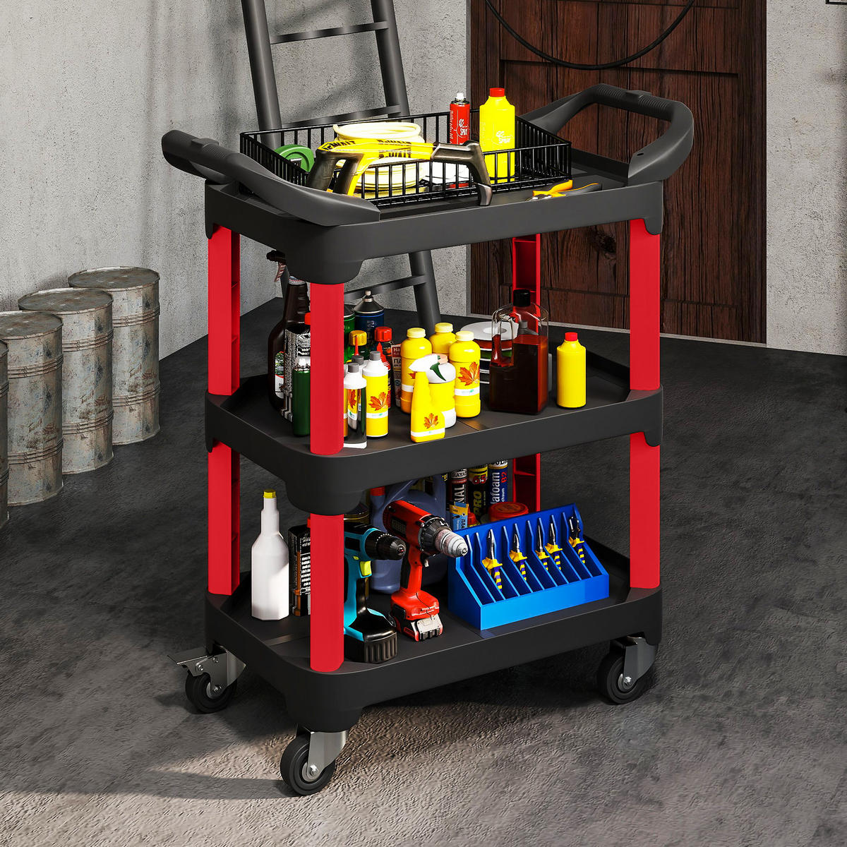 WERKSTATT-ROLLWAGEN mit 3 Ebenen Werkstattwagen mit Griff für Garage Schwarz - Schwarz, Kunststoff (43/96/81cm) - HOMCOM