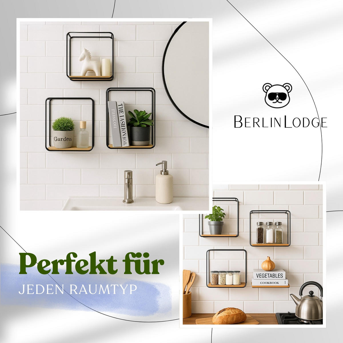WANDREGAL 3er Set aus Bambus Wanddeko und Ablage - Naturfarben, Holz/Metall (32/32/12cm) - BERLINLODGE