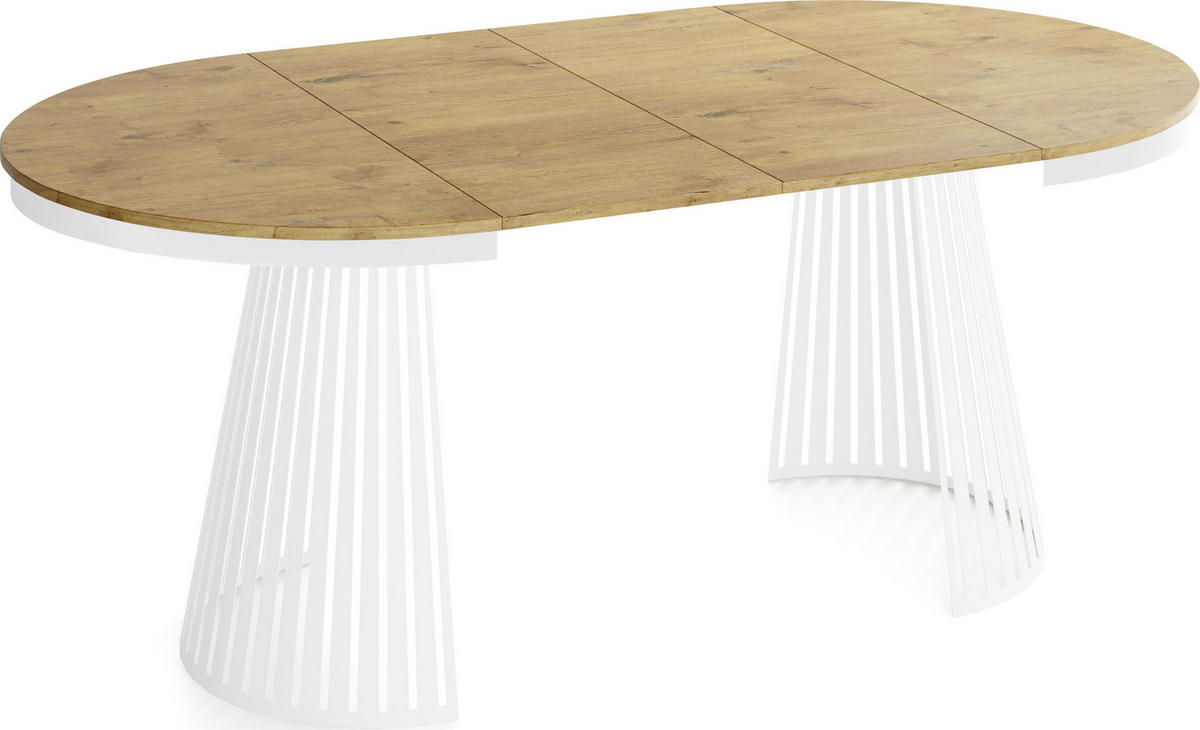 ESSTISCH Naro rund ausziehbar mit Weißem Lamellen-Metallgestell, Braun 120-200/120/76 cm - Eichefarben/Weiß, Holzwerkstoff/Metall (120/120/76cm) - WFL GROUP