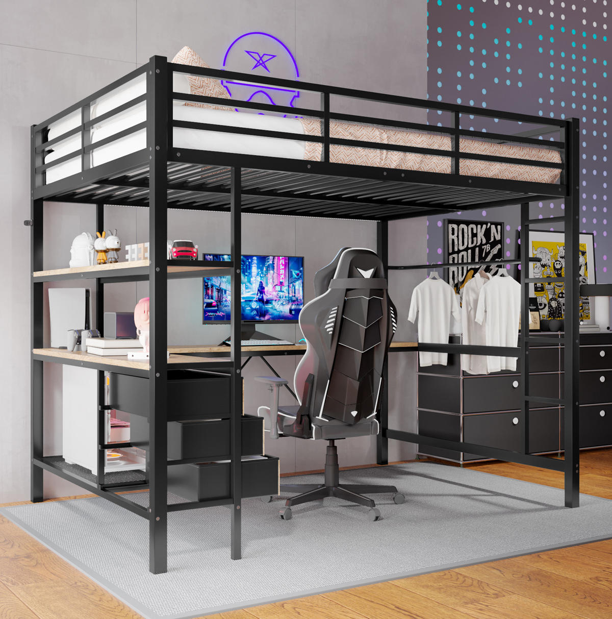 HOCHBETT mit Schreibtisch 140/200 cm in Schwarz – mit Stauraum, LED und Treppe - Schwarz, Metall (140/200cm) - BEAOK