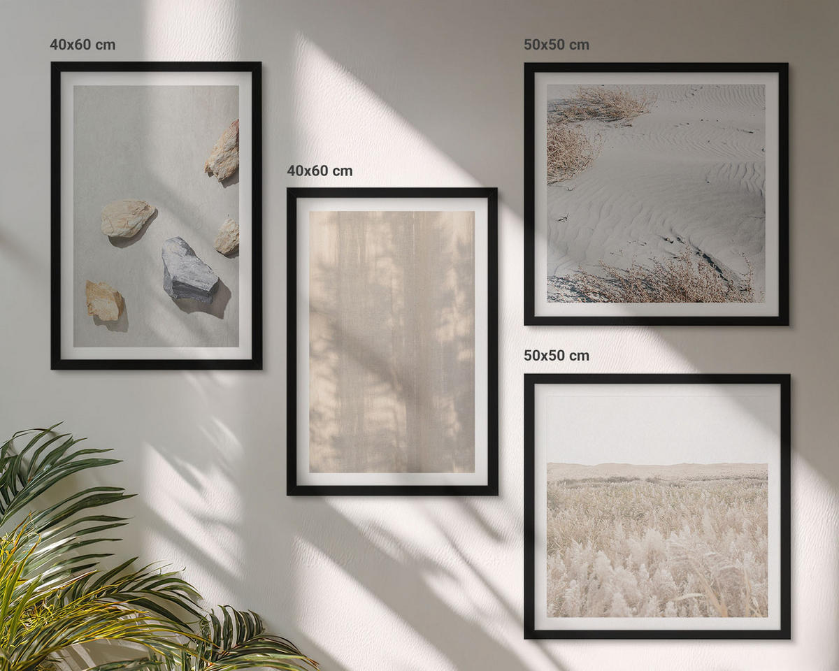 BILDER SET 4er Set - 50x50 cm & 40x60 cm Schwarzer Rahmen - Boho-Naturtexturen - Schwarz, Kunststoff (50/50cm) - TULUP