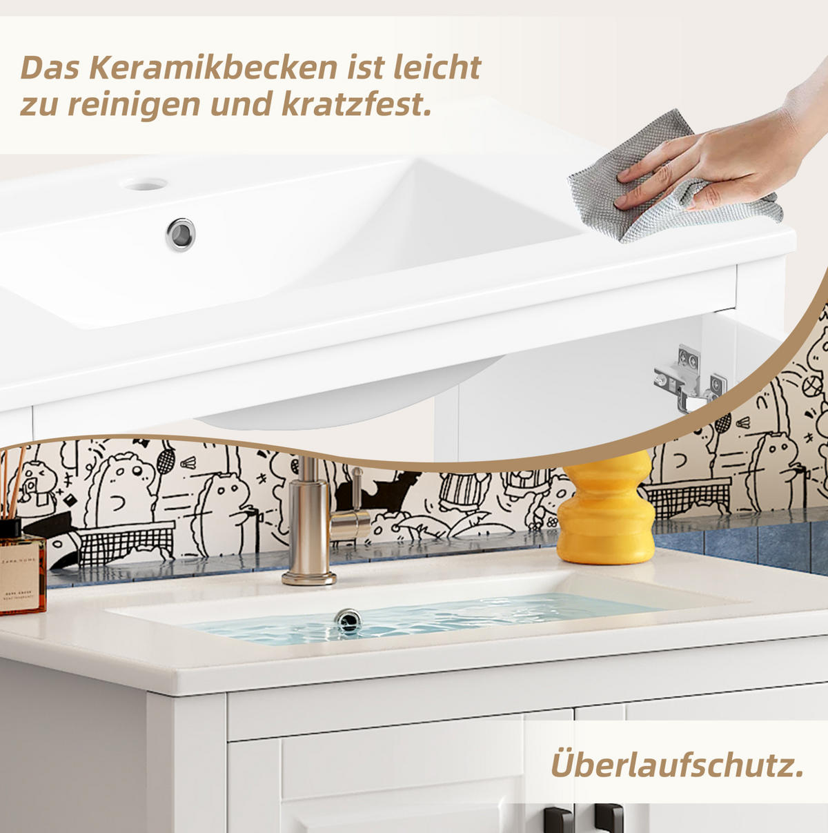 FREISTEHENDER Badezimmerwaschtisch aus MDF und Keramik 76,5x47x83 cm Weiß mit Doppeltür und offenem Stauraum - Weiß, Keramik (76.5/83/47cm) - Modfu