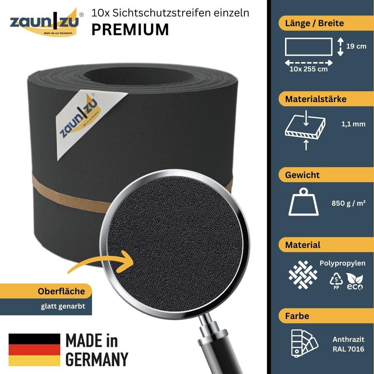 SICHTSCHUTZSTREIFEN PP Sichtschutzstreifen Doppelstabzaun Anthrazit,10x 2,55m - Anthrazit, Kunststoff (2550/19cm) - ZAUN|ZU