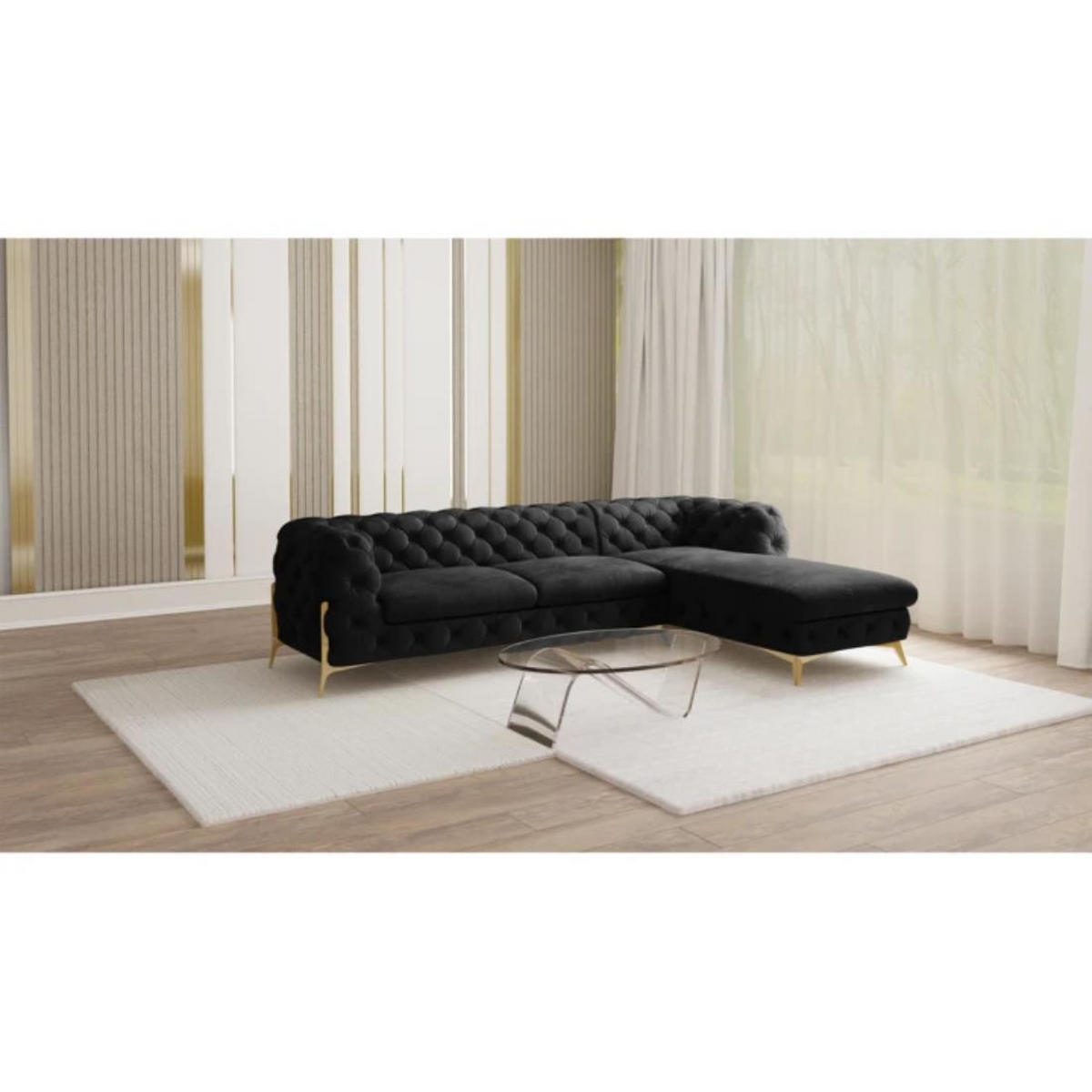 ECKSOFA Chesterfield Lexi Schwarz Samt, Ottomane rechts - Goldfarben/Schwarz, Holz/Textil (305/200cm) - S-Style Möbel