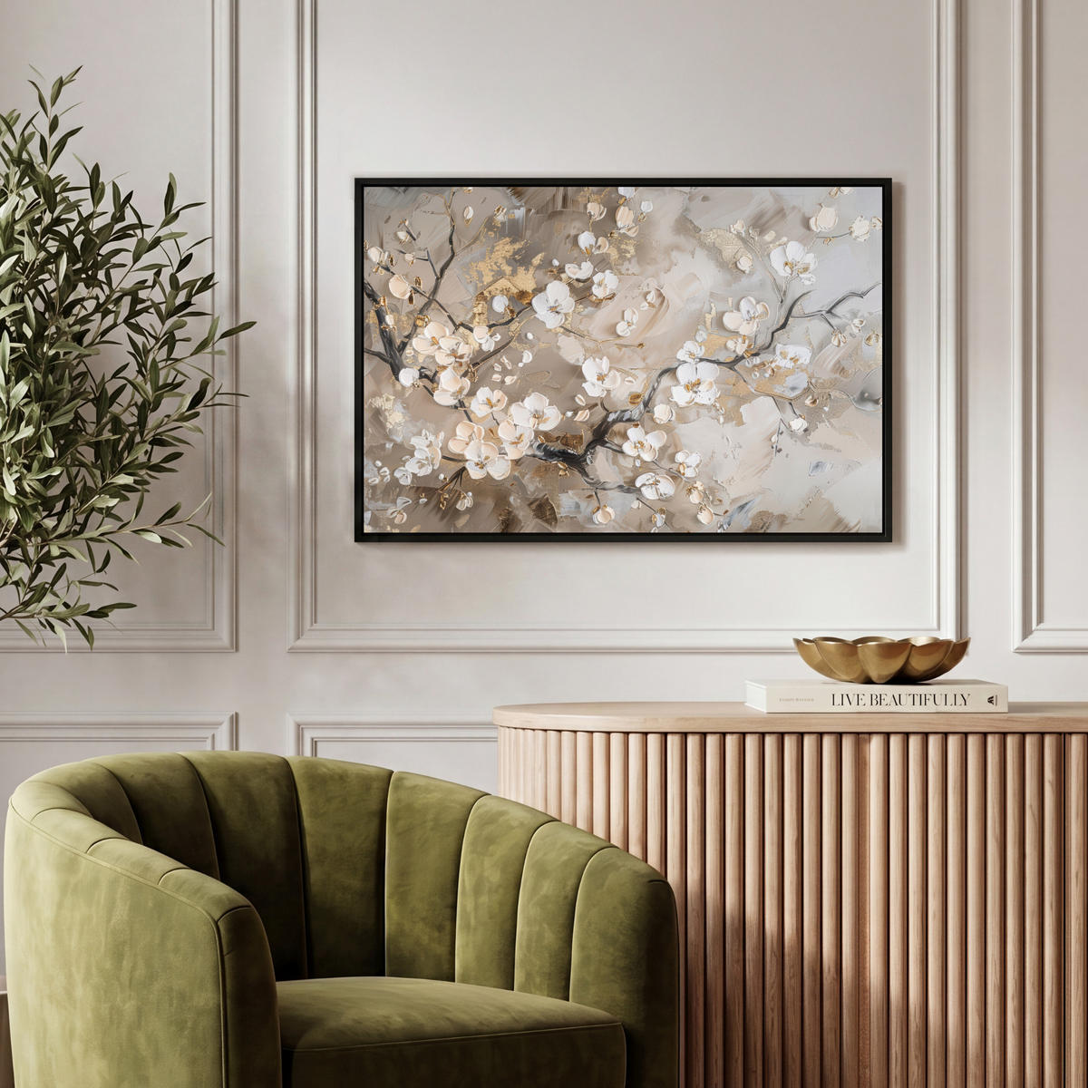 LEINWAND Bilder mit Rahmen - Blumen - Weiß - Gold - Beige - Luxus - 60x40 - Greige, Textil (60/40cm) - MuchoWow