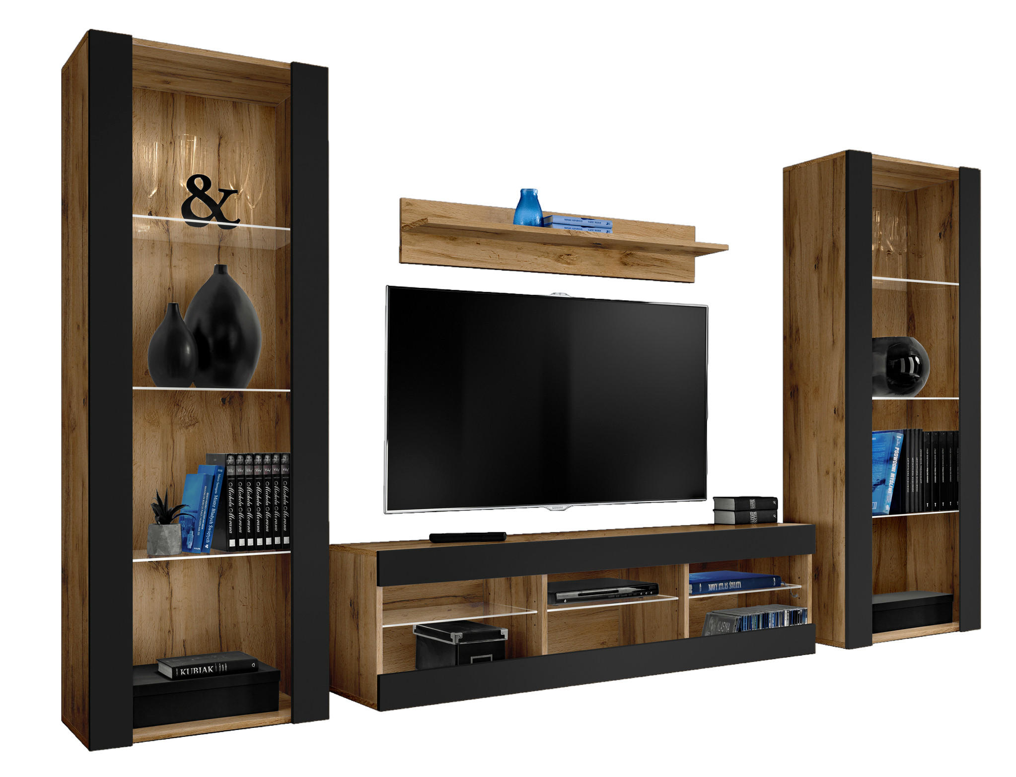 Komodee Wohnzimmerset Eiche Wotan, Schwarz 250x159x35 cm