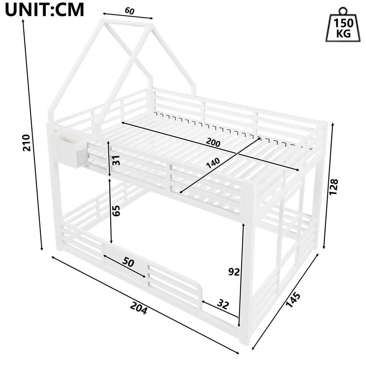 ETAGENBETT Metall & MDF 140x200 cm Weiß mit LED-Beleuchtung, Hausbett-Design und Stofftaschen - Weiß, Metall (140/200cm) - Modfu