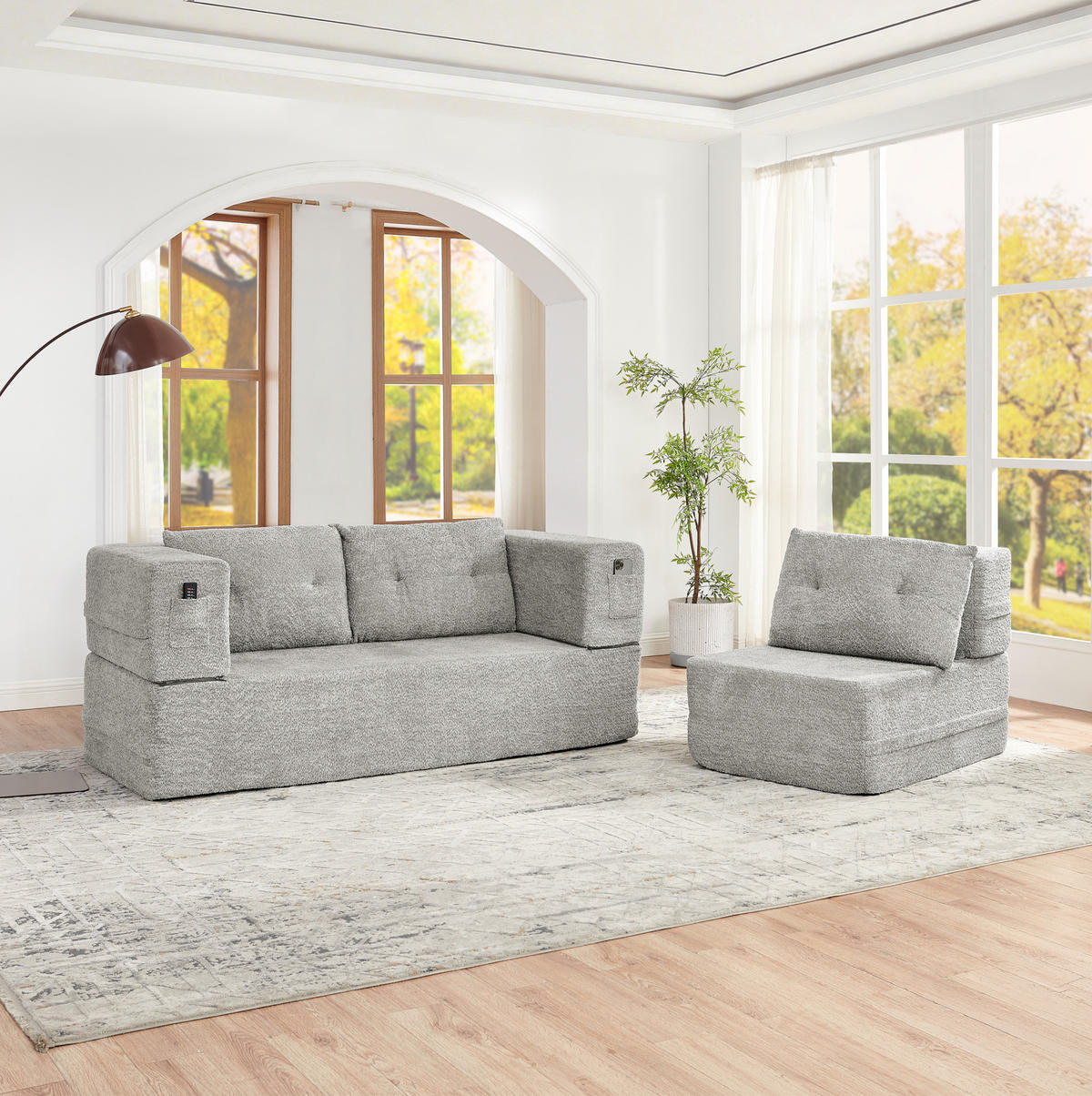 SCHLAFSOFA 2-in-1 mit Sessel Stoff Light Grey 2-tlg. - Hellgrau, Holzwerkstoff (194/39/199cm) - Meubliv